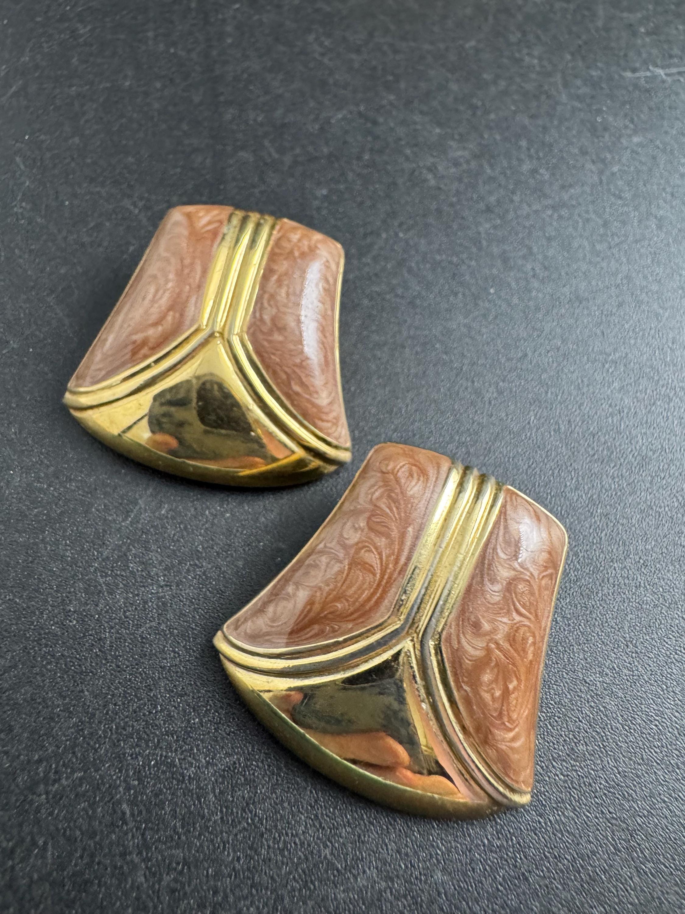brown Enamel Clip On Earrings: jaques vert vintage gold plated