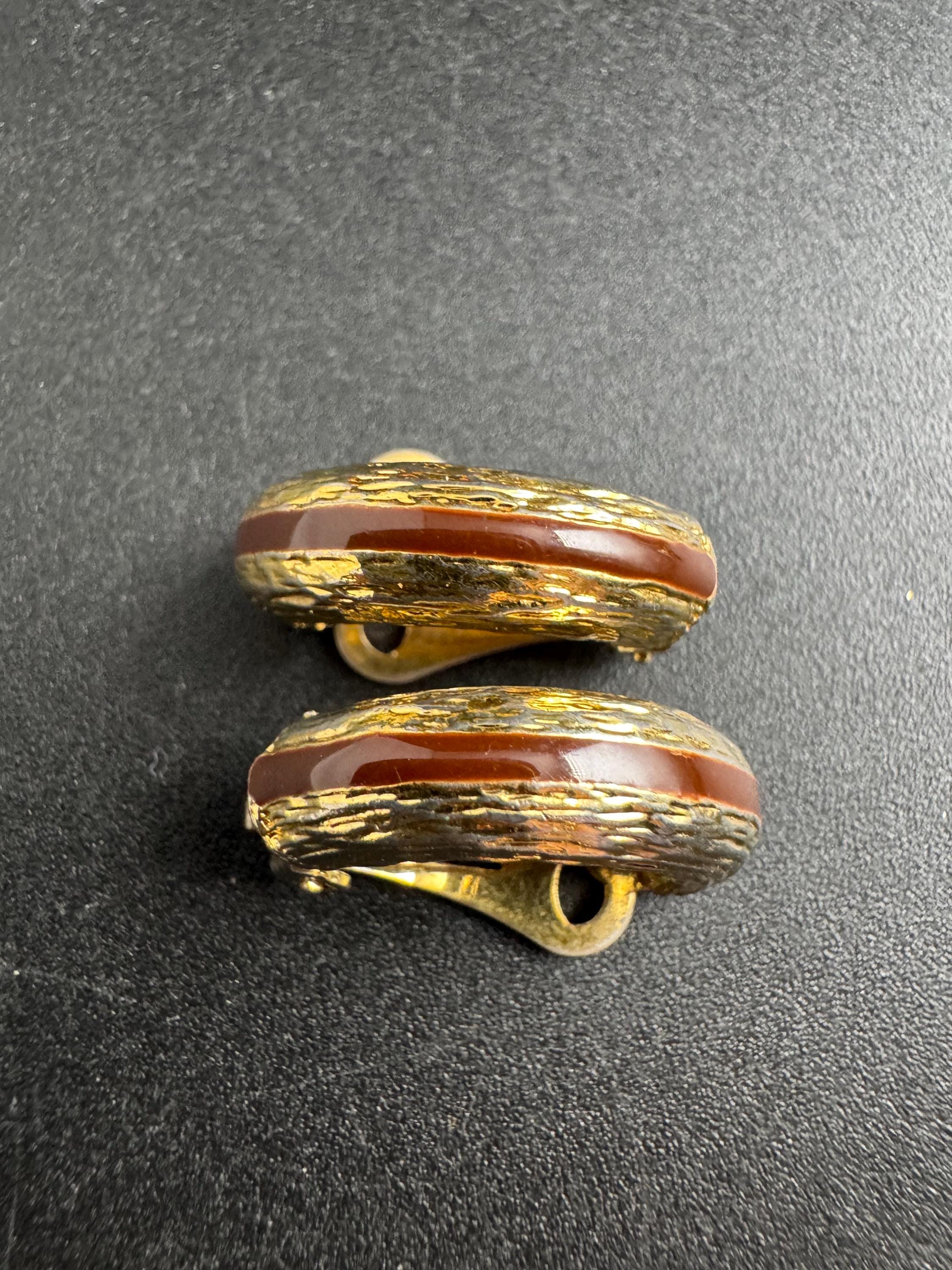 brown Enamel Clip On Earrings: half hoop vintage gold tone