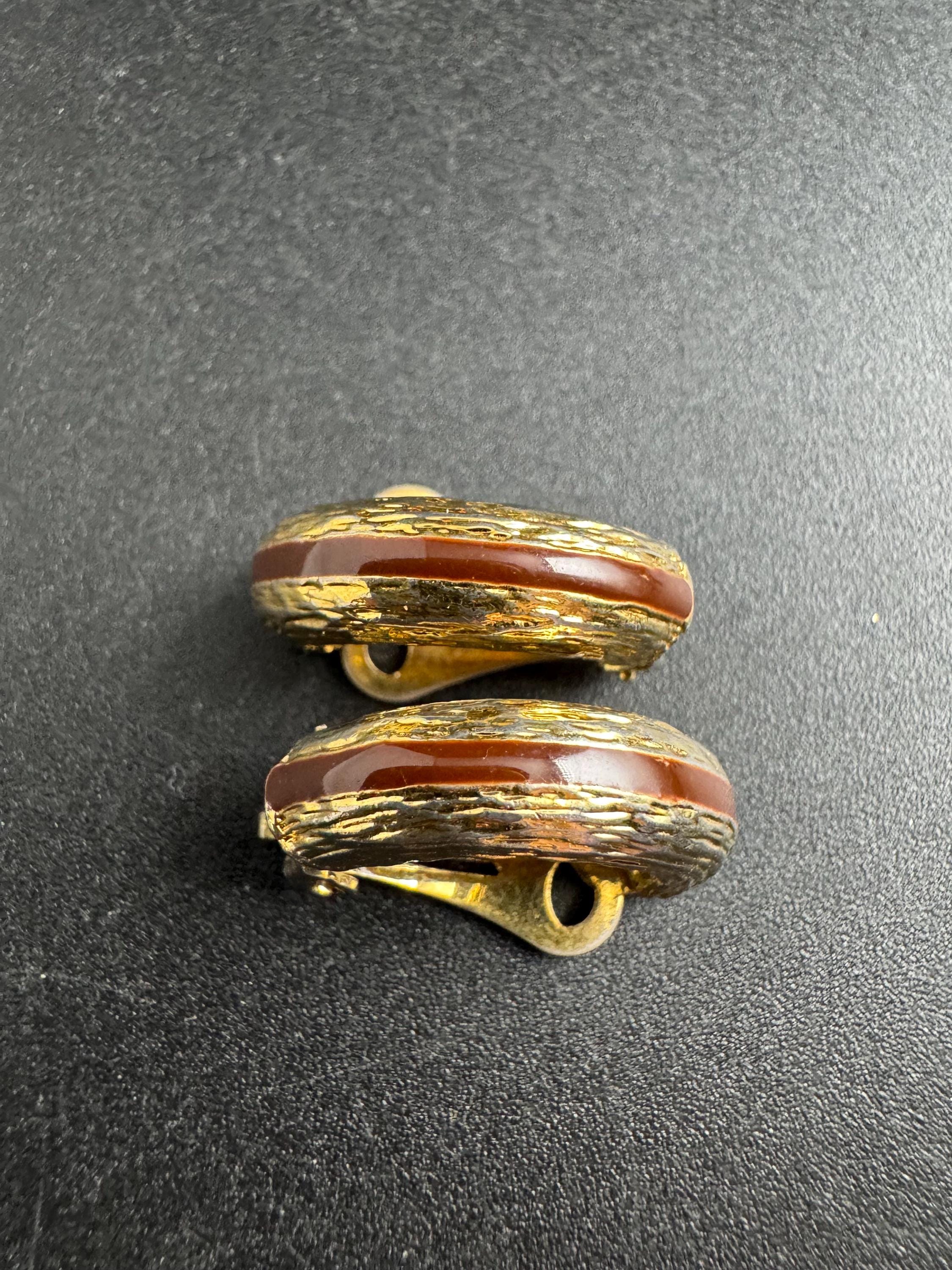 brown Enamel Clip On Earrings: half hoop vintage gold tone