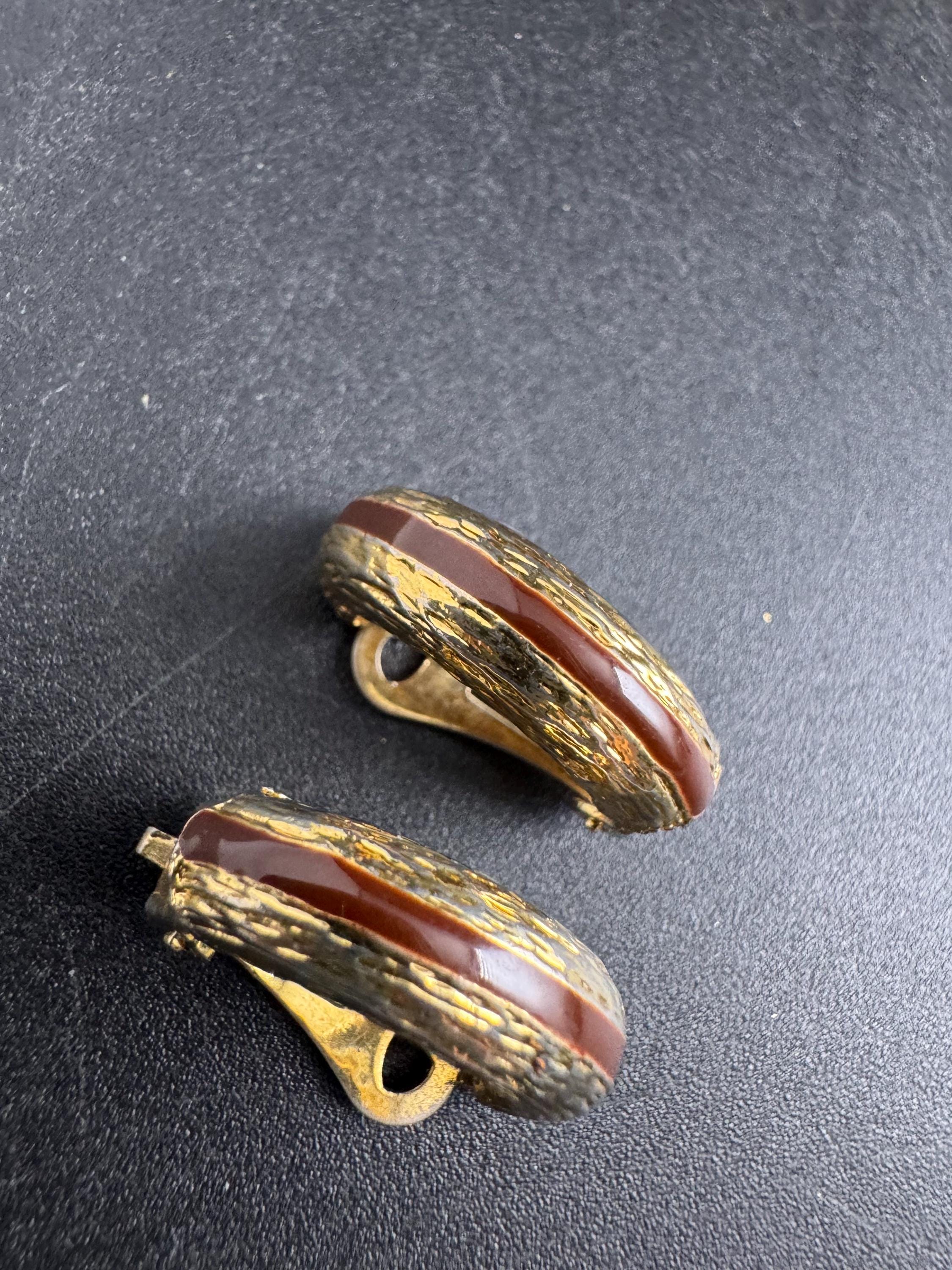 brown Enamel Clip On Earrings: half hoop vintage gold tone