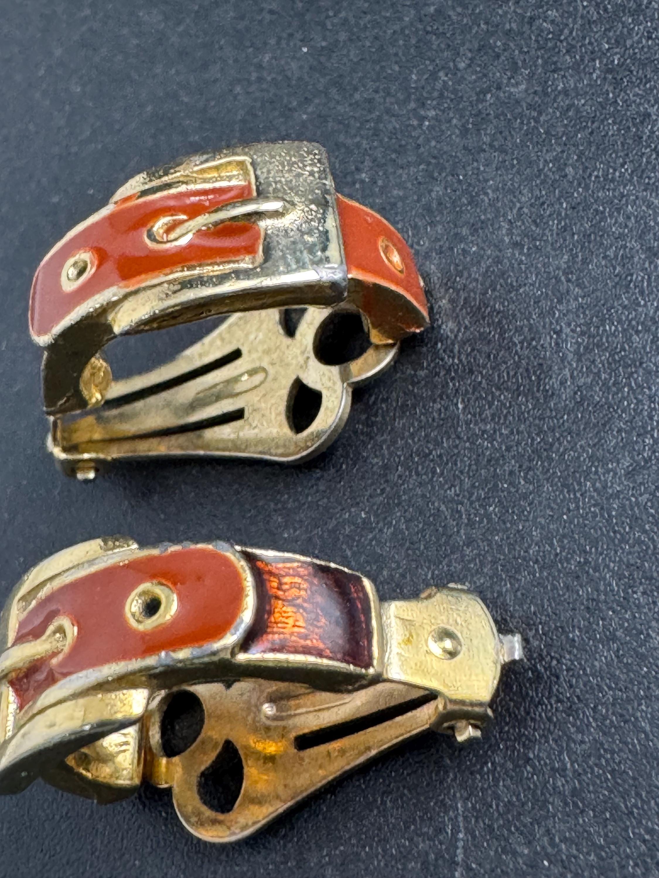 brown Enamel Clip On Earrings: half belt buckle hoop vintage gold tone