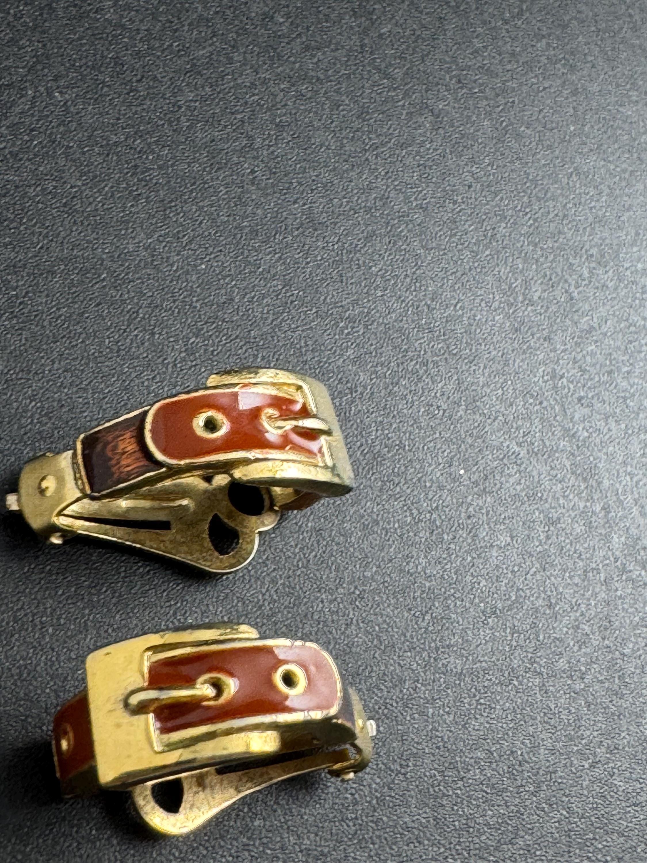 brown Enamel Clip On Earrings: half belt buckle hoop vintage gold tone