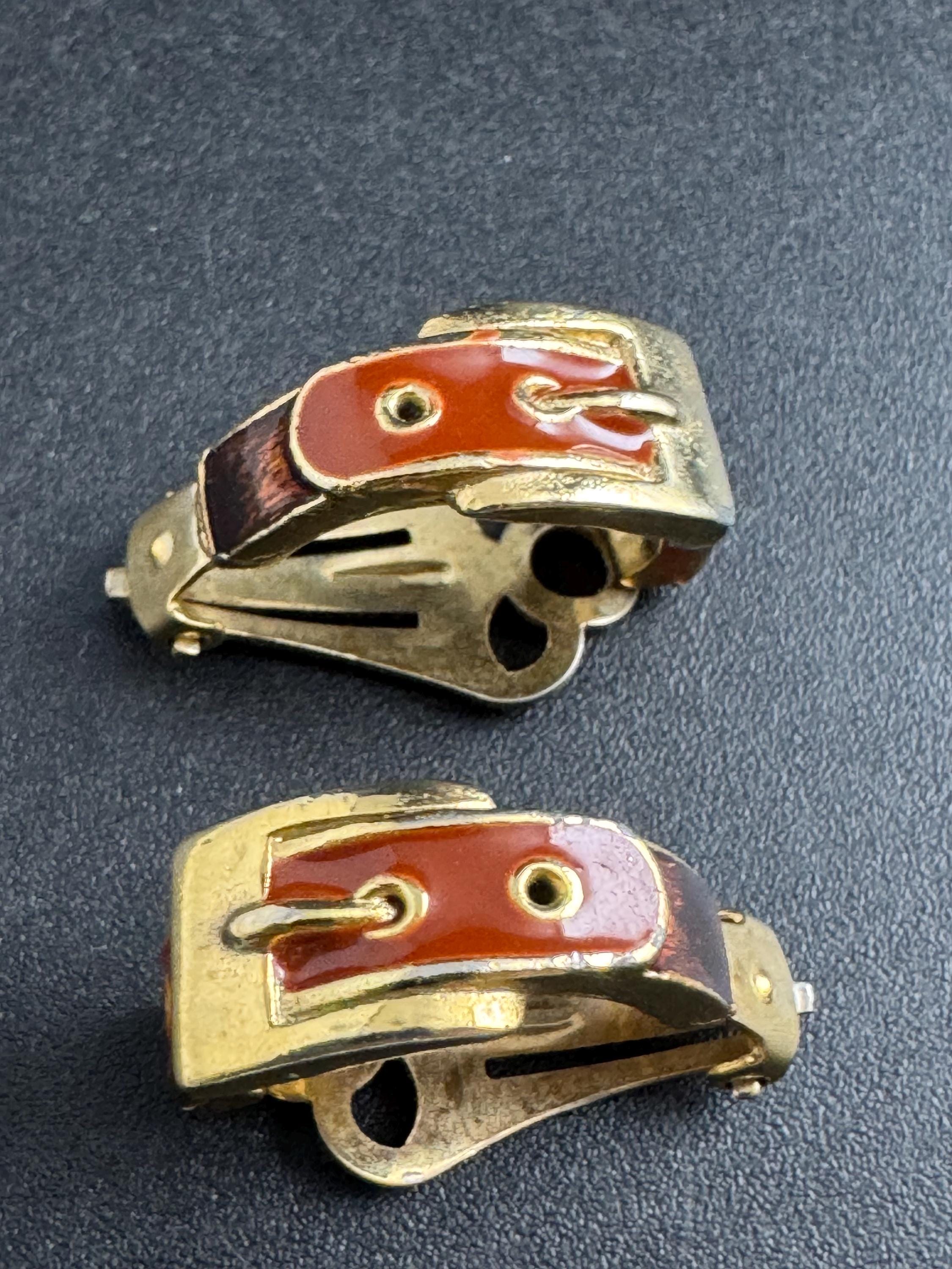brown Enamel Clip On Earrings: half belt buckle hoop vintage gold tone