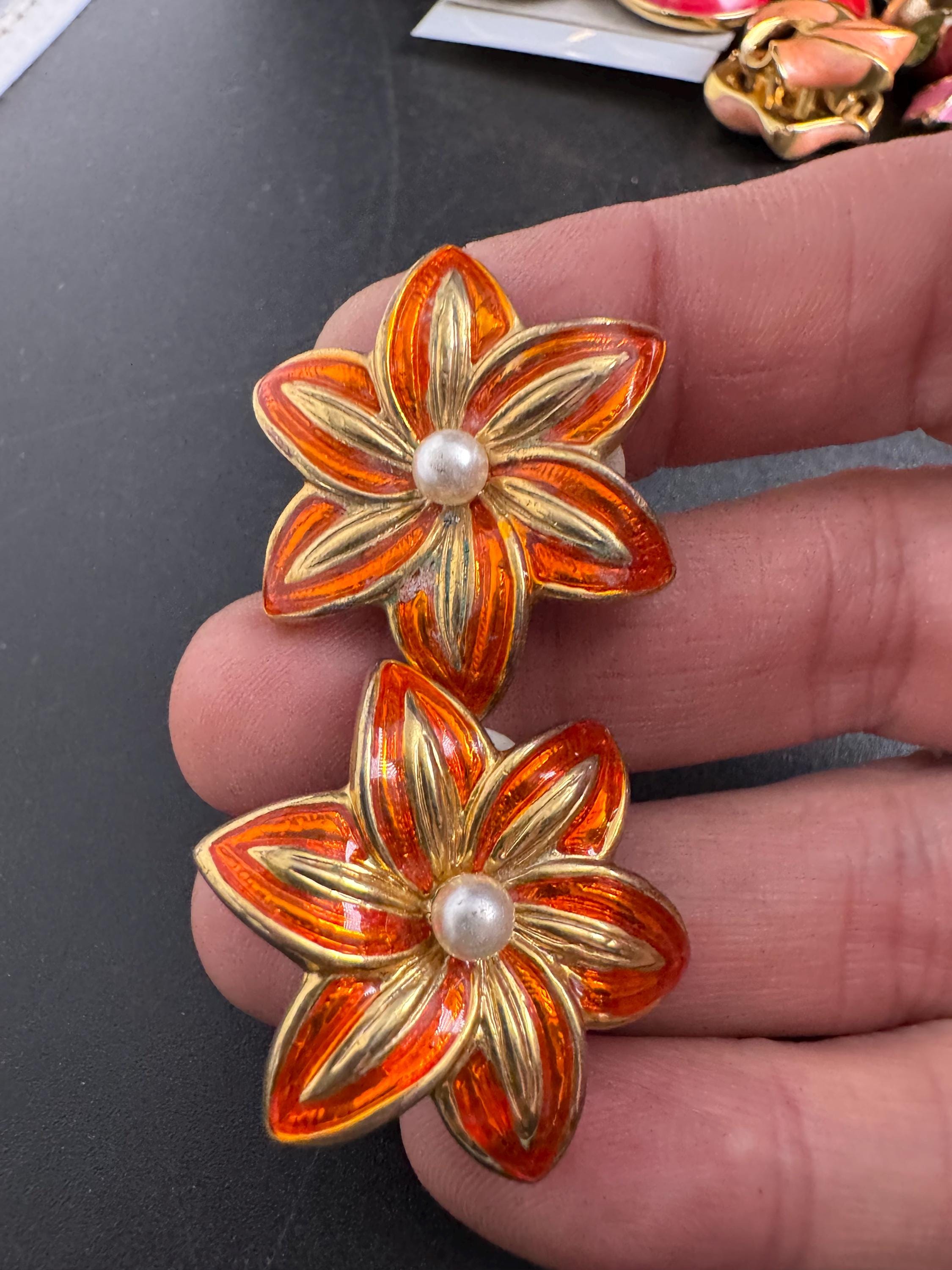 Orange flower Enamel Clip On Earrings: jaques vert vintage gold plated faux pearl