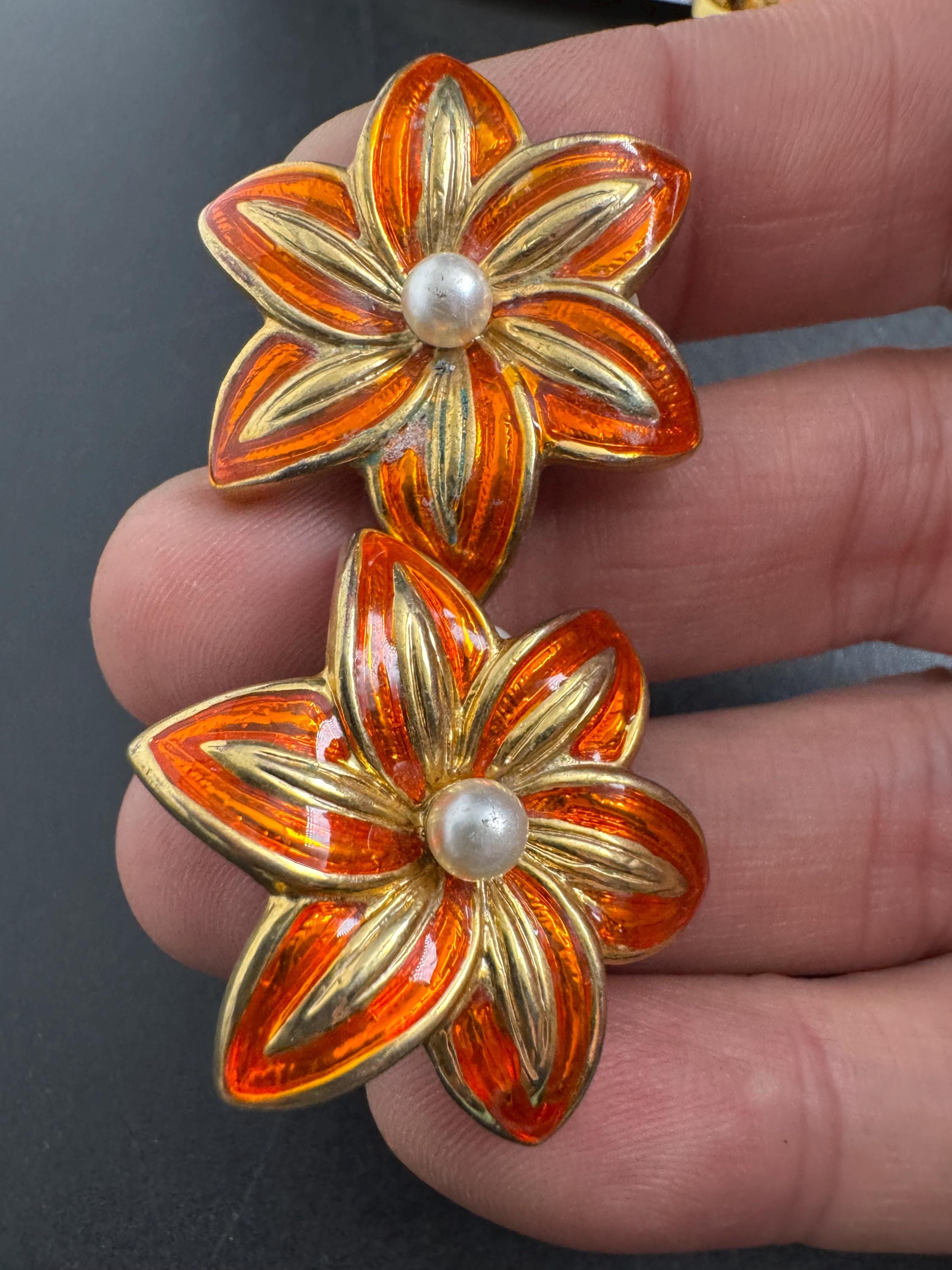 Orange flower Enamel Clip On Earrings: jaques vert vintage gold plated faux pearl