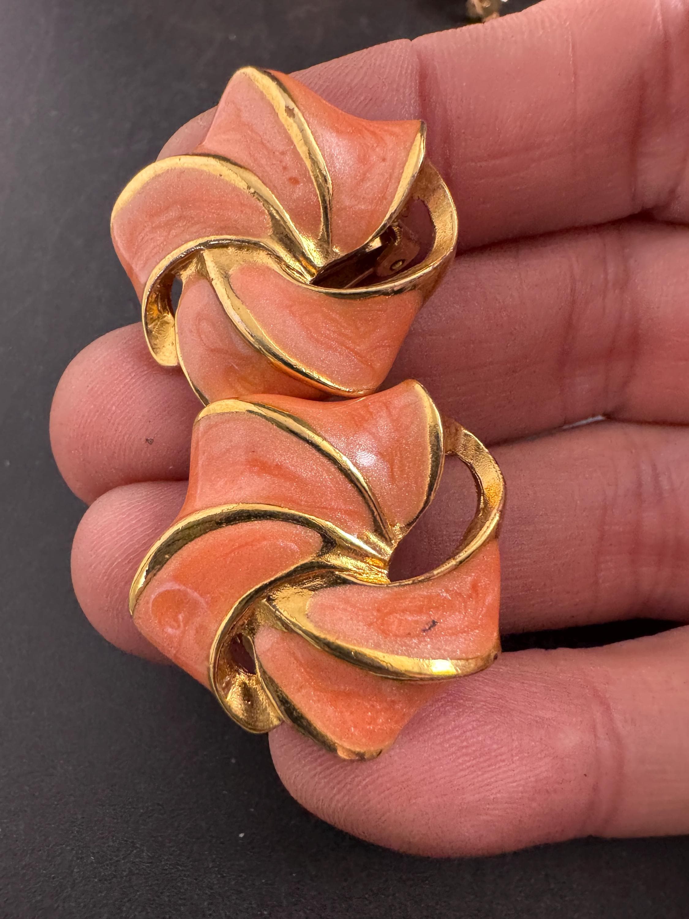 Jaques Vert Gold pink Enamel Clip On Earrings: Salmon Vintage Style