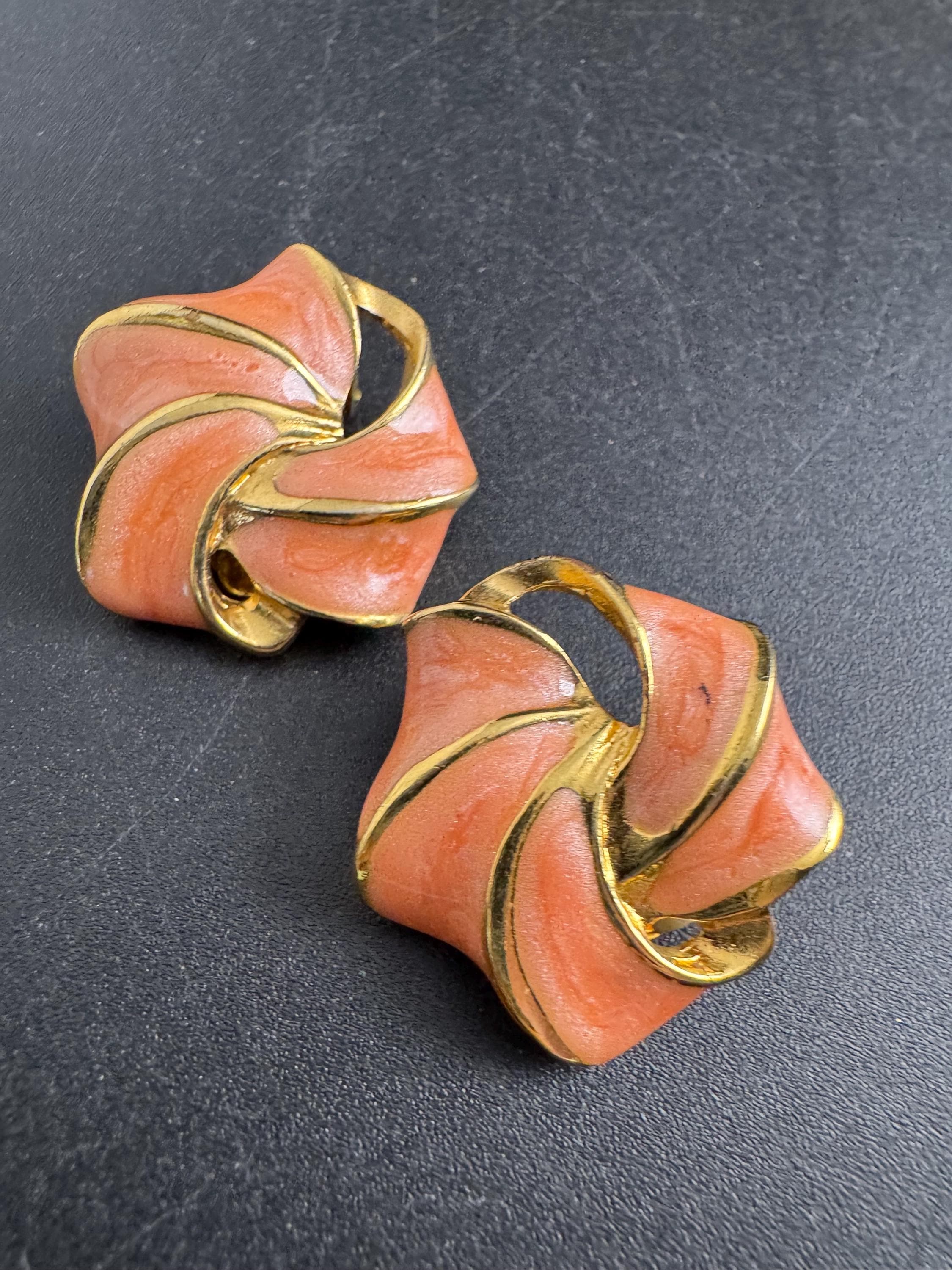 Jaques Vert Gold pink Enamel Clip On Earrings: Salmon Vintage Style