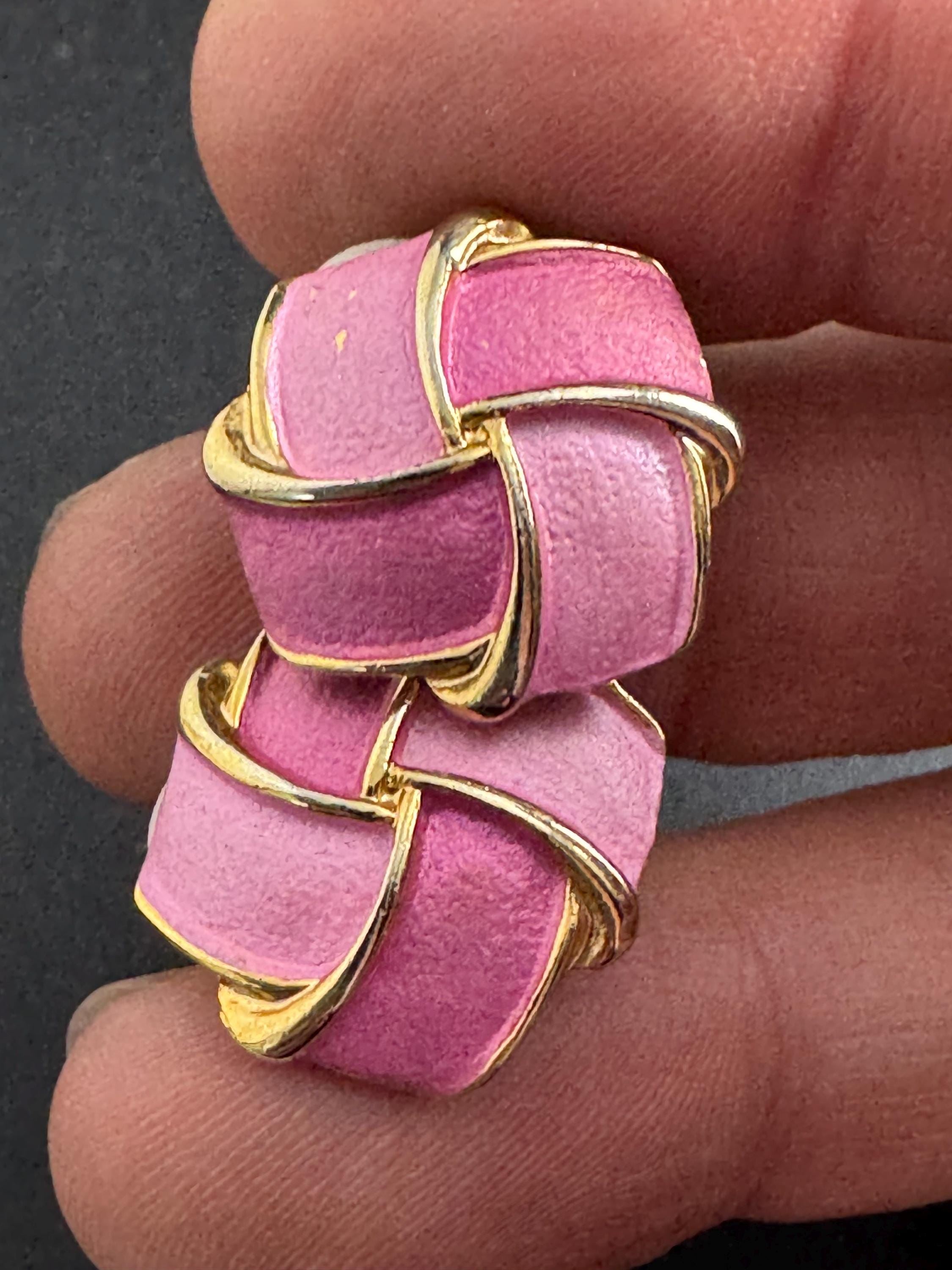 Pink Enamel Clip On Earrings: vintage gold plated