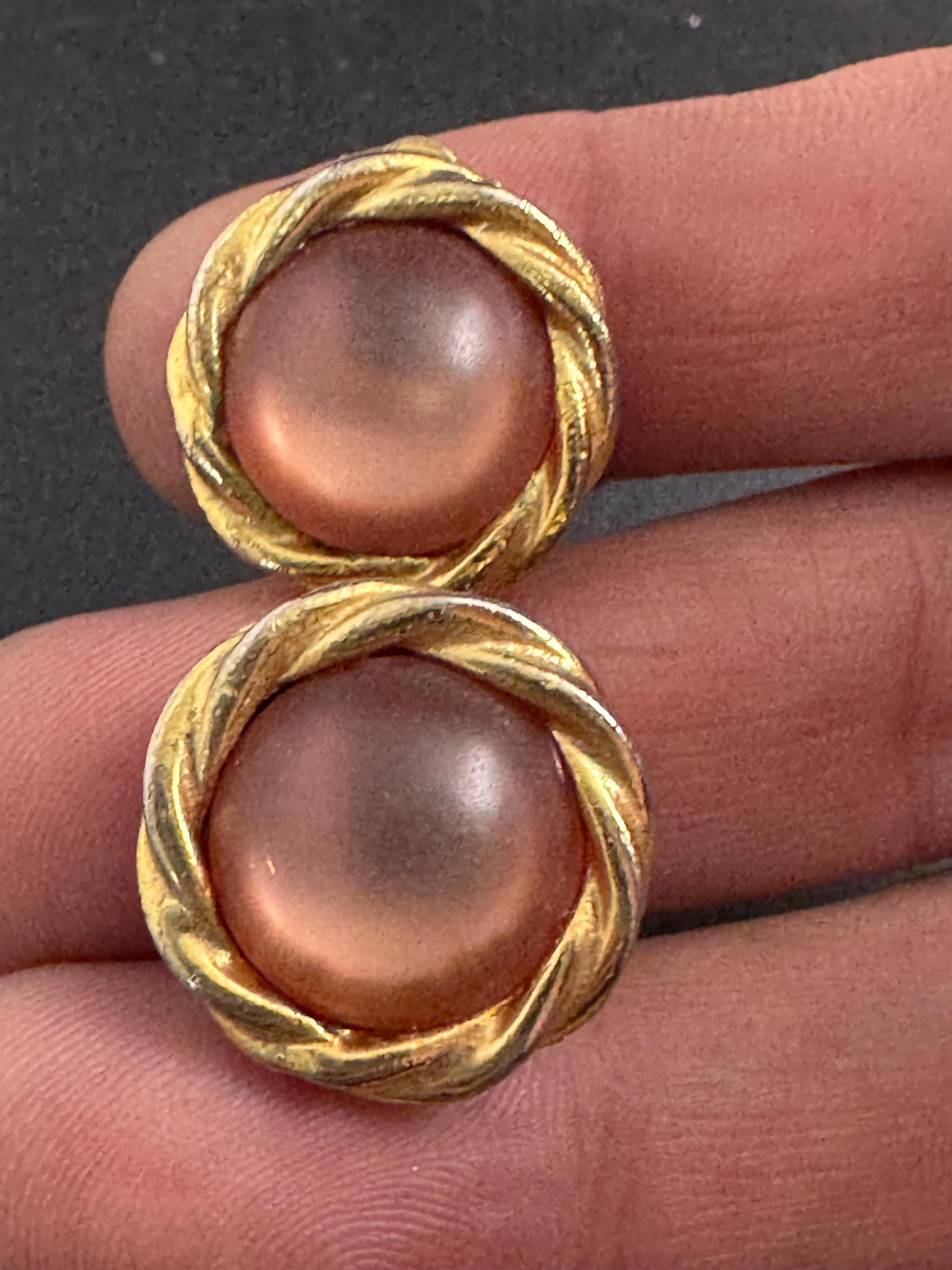 Frosted Pink Clip On Earrings: signed DMJ vintage gold tone