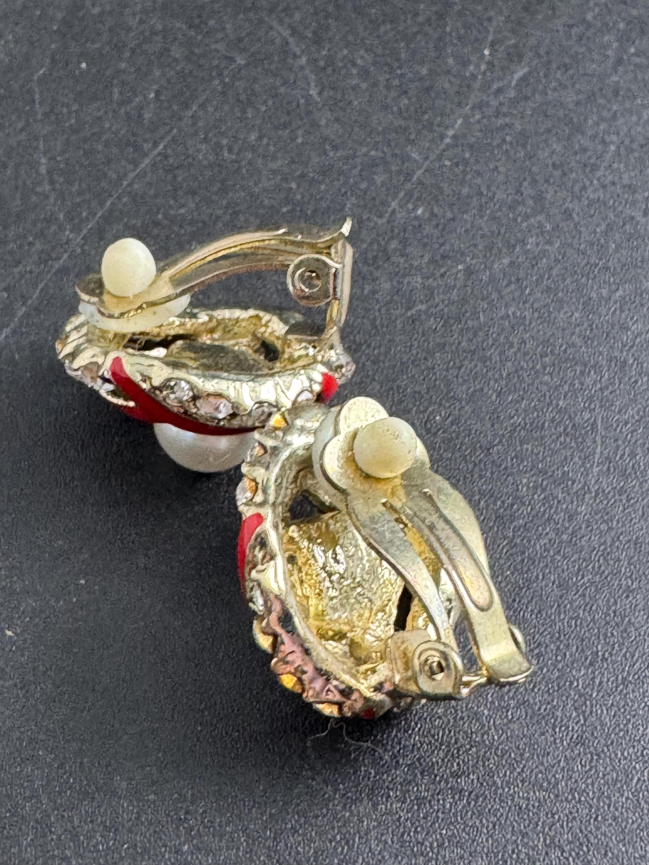 Red Enamel pearl Clip On Earrings: diamante vintage gold plated