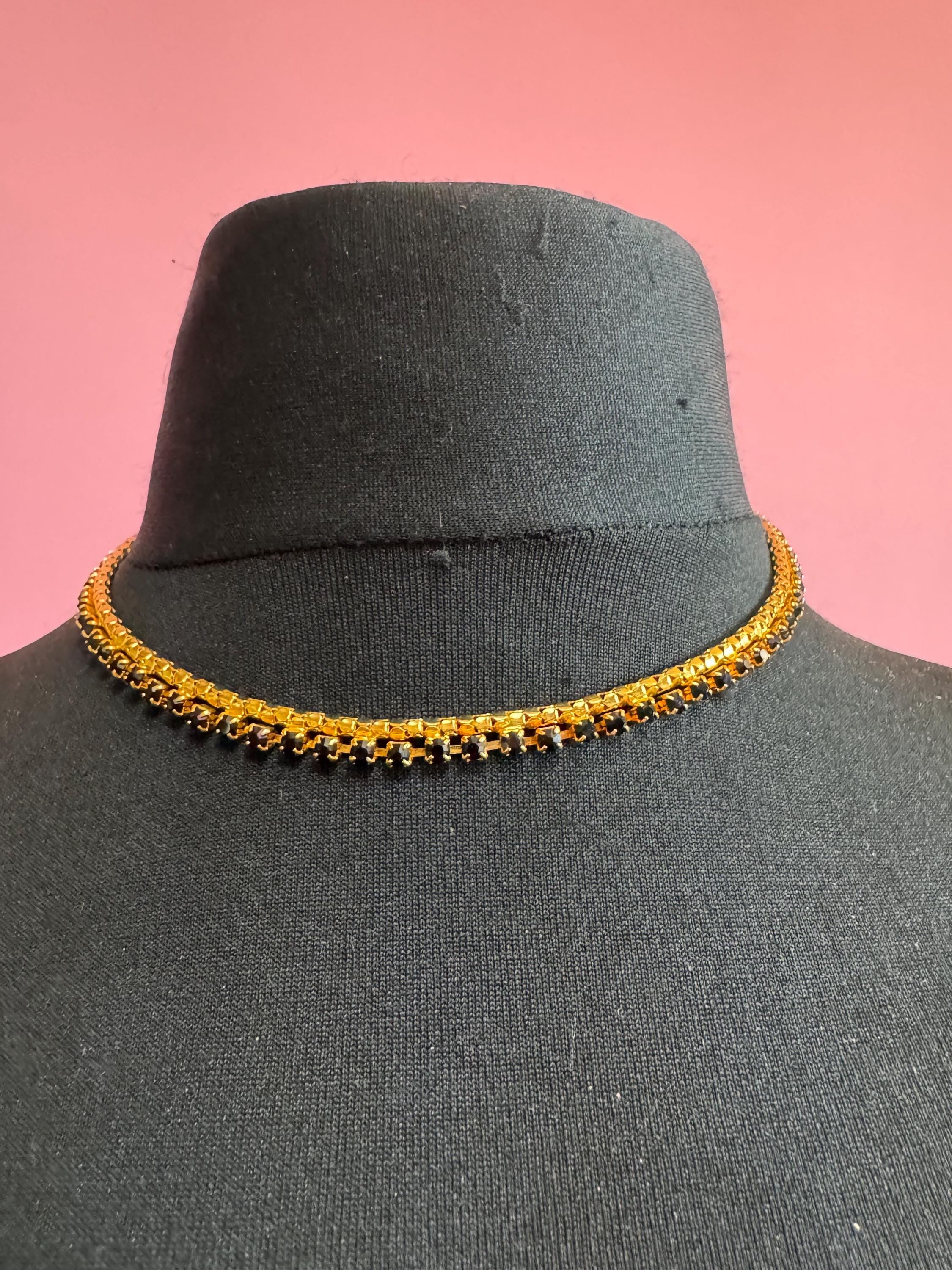 Black rhinestone gold mesh necklace,  Vintage gold tone choker 1960s