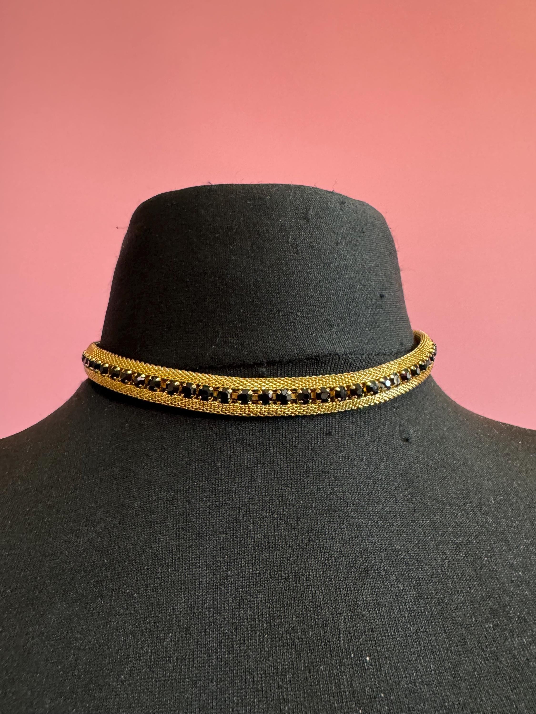 Black rhinestone gold mesh necklace,  Vintage gold tone choker 1960s