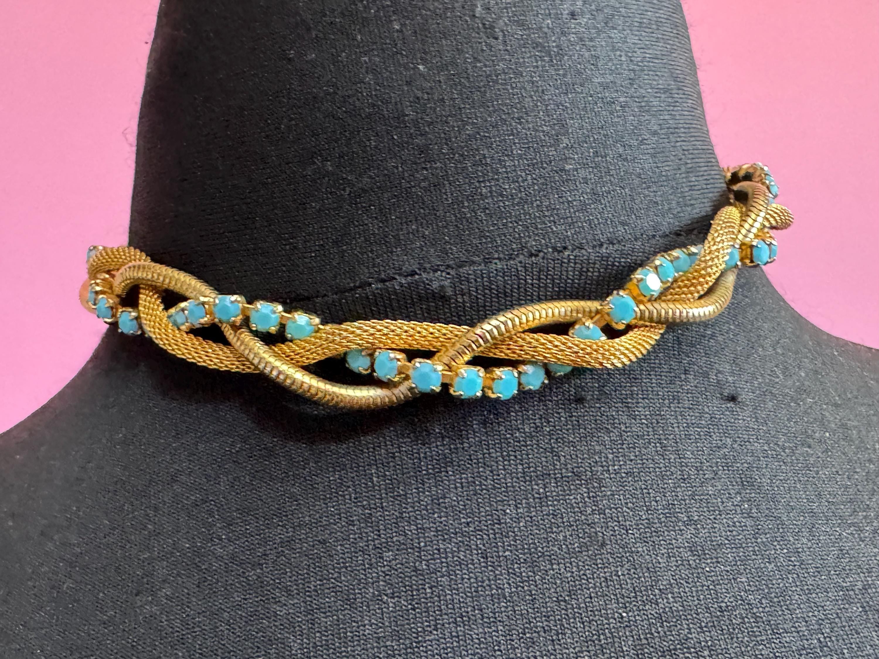 gold mesh twisted choker, vintage necklace with turquoise glass  stones