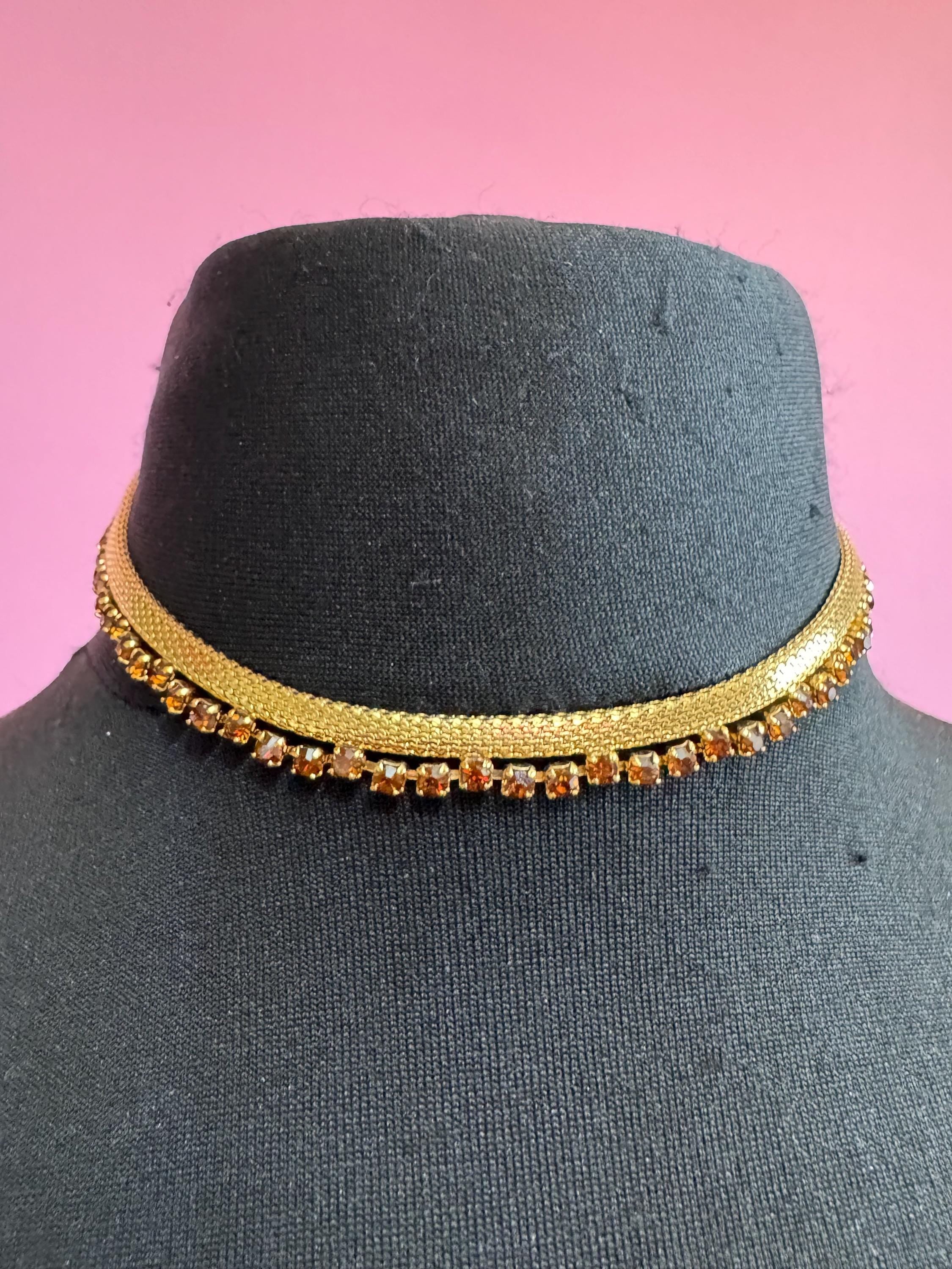 Petite cognac glass gold mesh choker , rhinestone necklace Vintage mid century