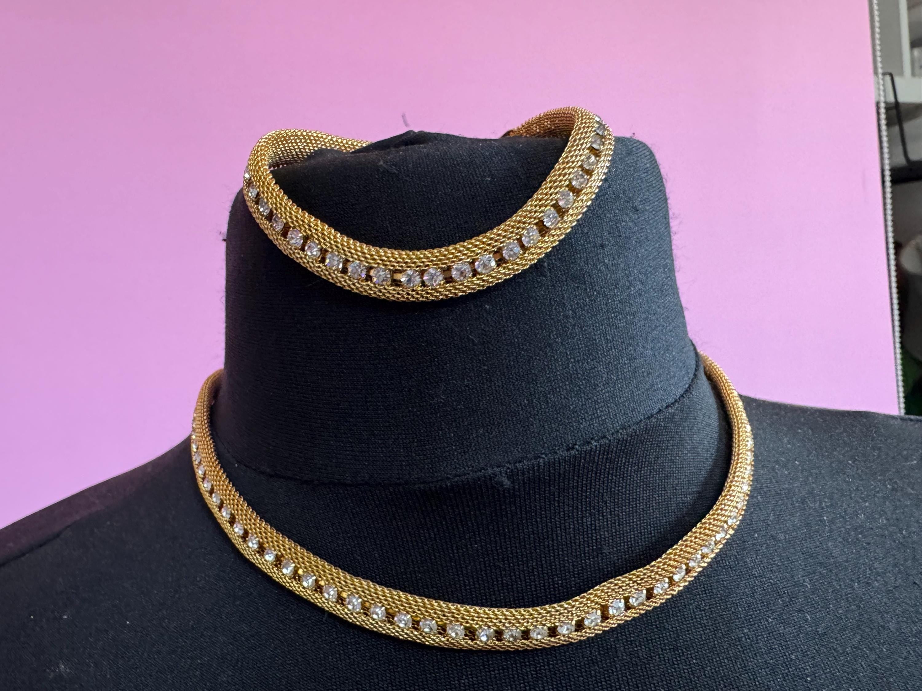 Mesh Choker Necklace Bracelet Set, Vintage Gold Tone clear Glass