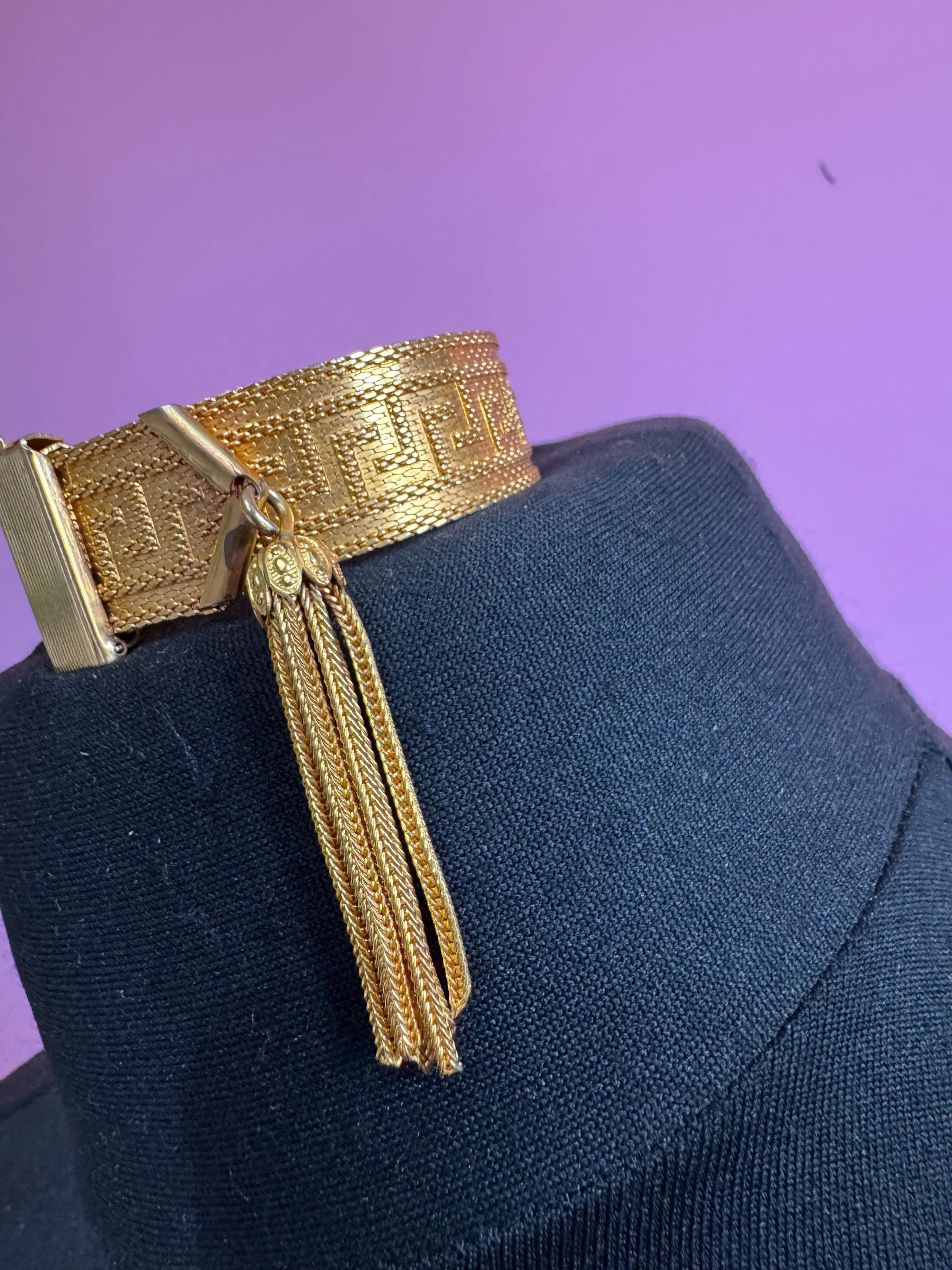 GREEK KEY gold mesh tassel bracelet, vintage 1970s
