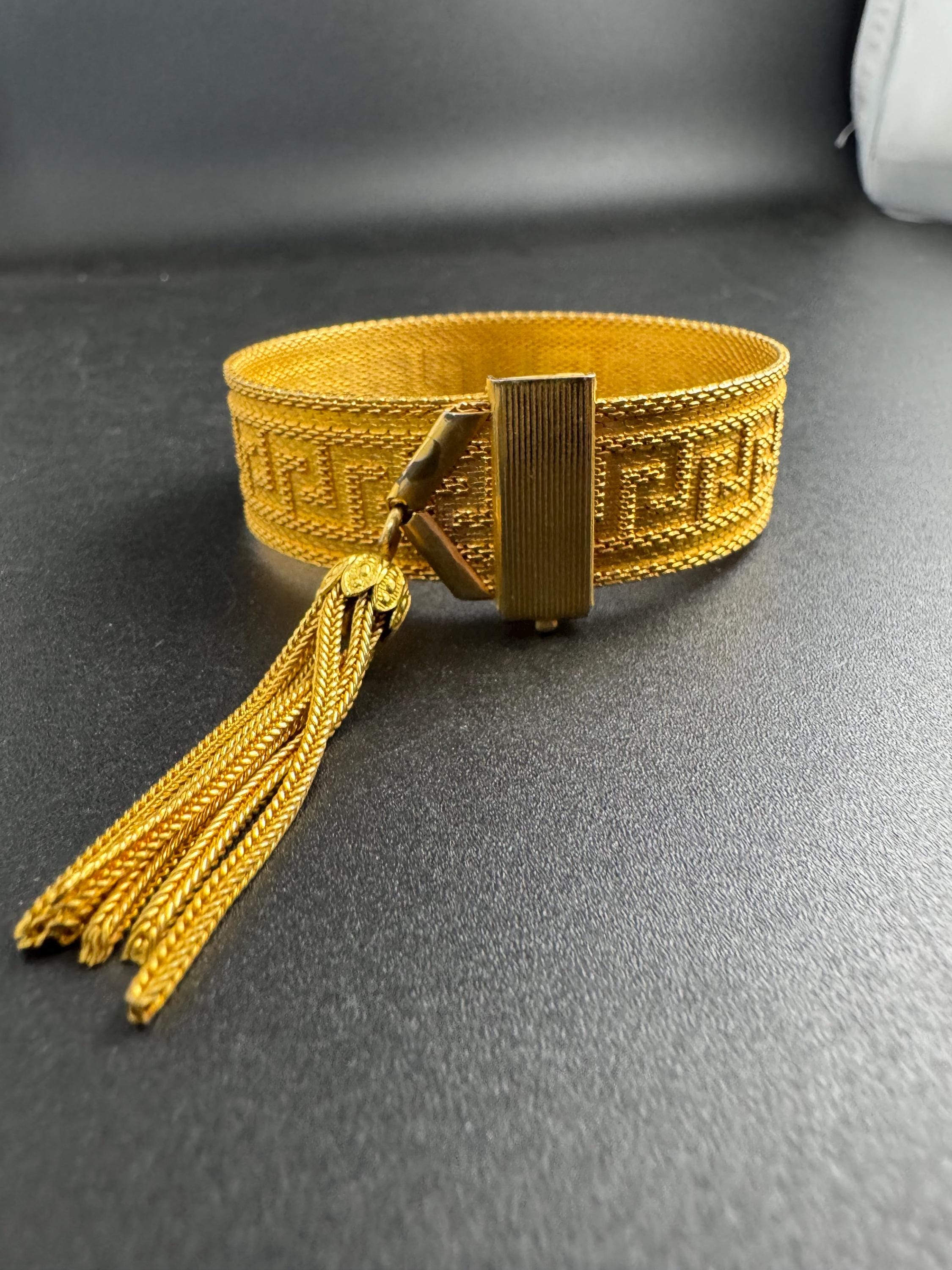 GREEK KEY gold mesh tassel bracelet, vintage 1970s