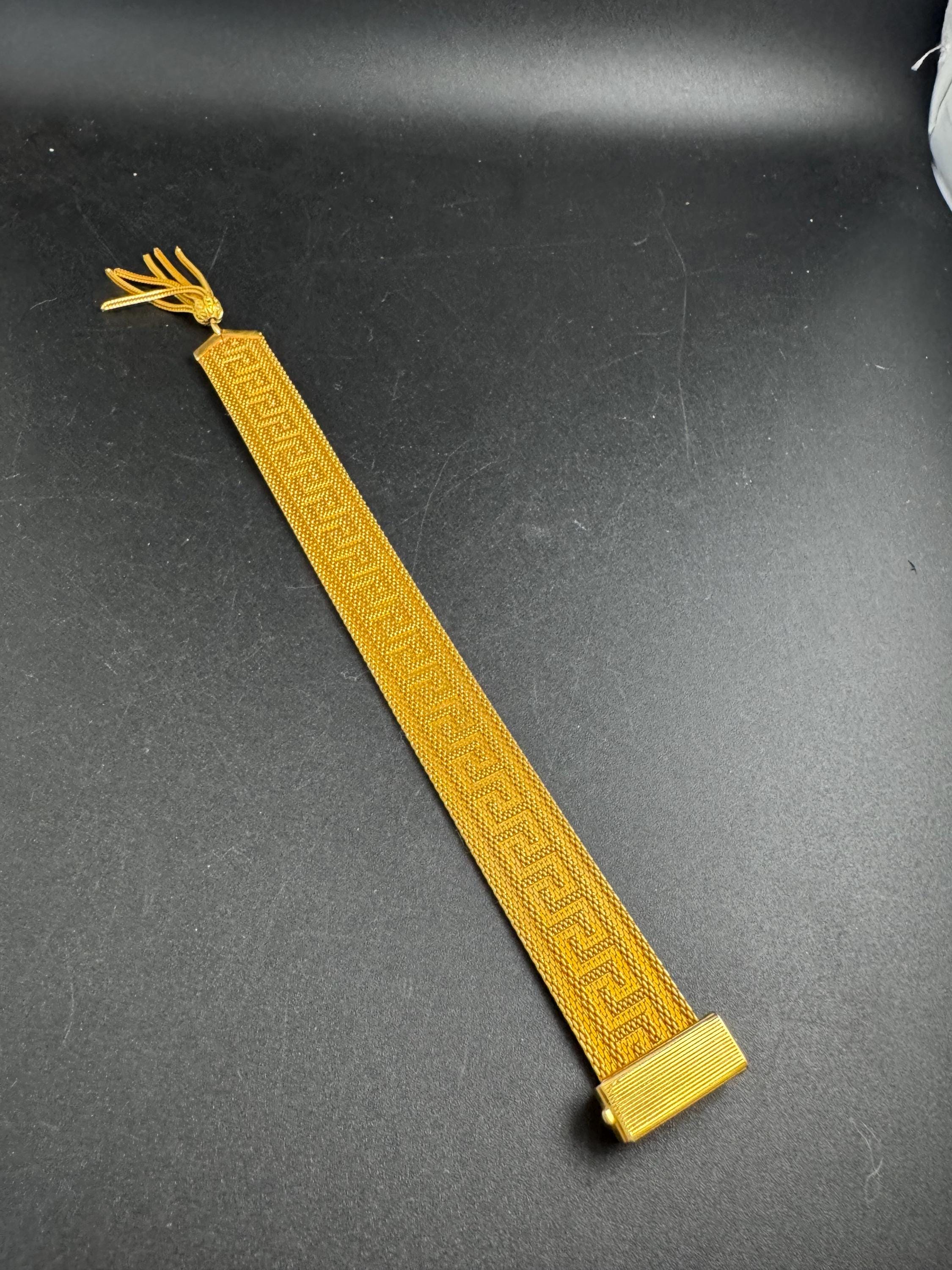 GREEK KEY gold mesh tassel bracelet, vintage 1970s