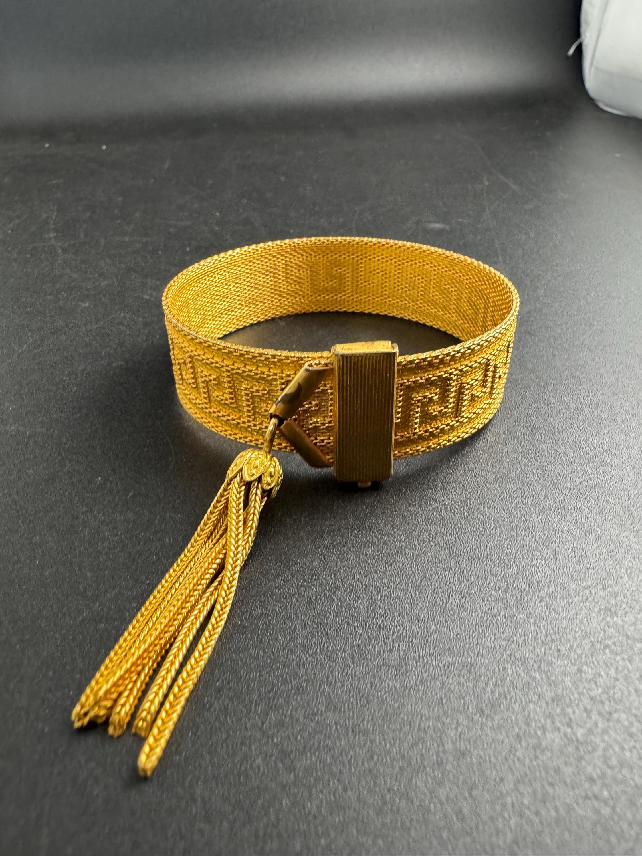 GREEK KEY gold mesh tassel bracelet, vintage 1970s