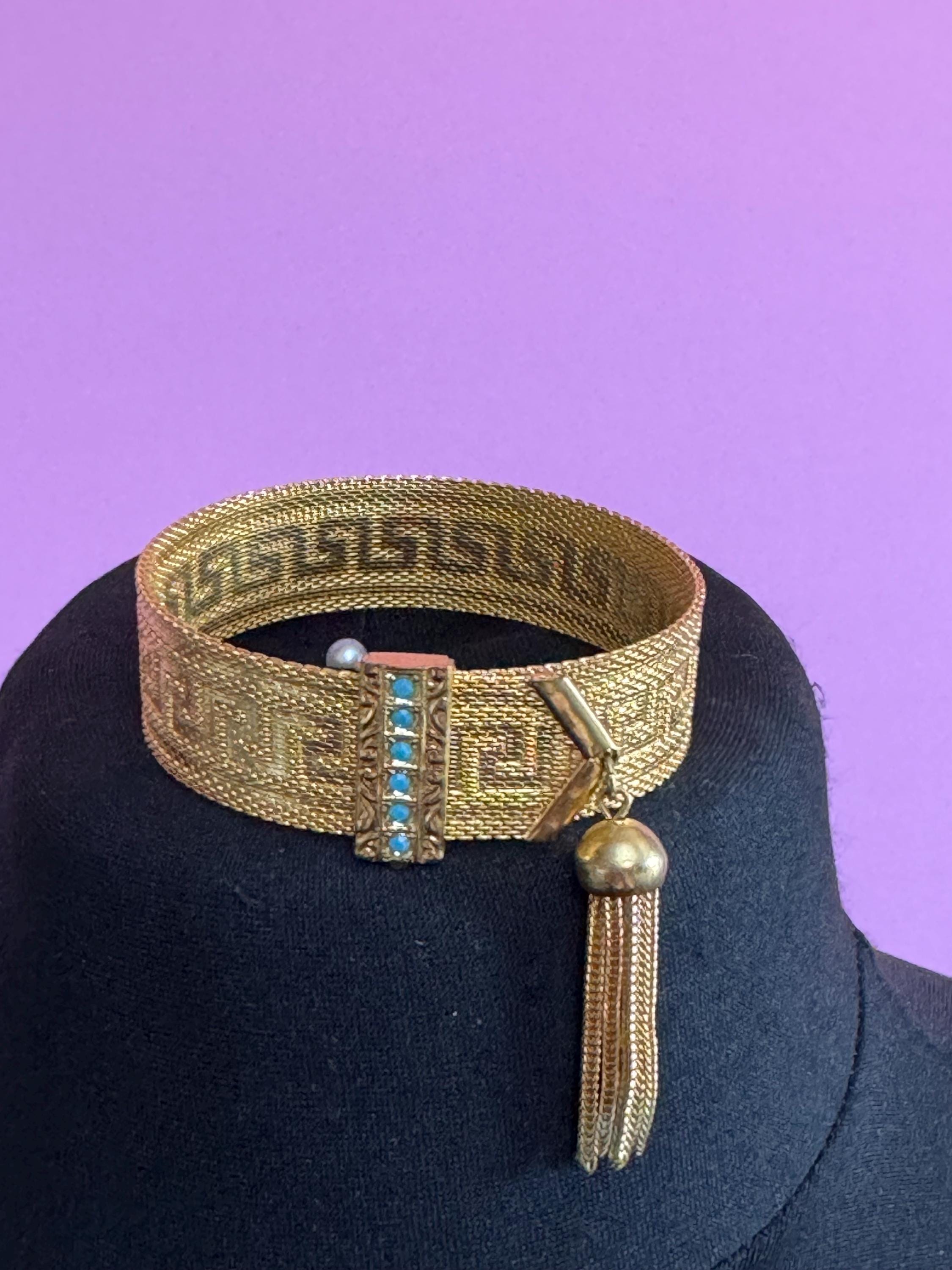 GREEK KEY gold mesh tassel bracelet, turquoise blue cabochons vintage 1970s