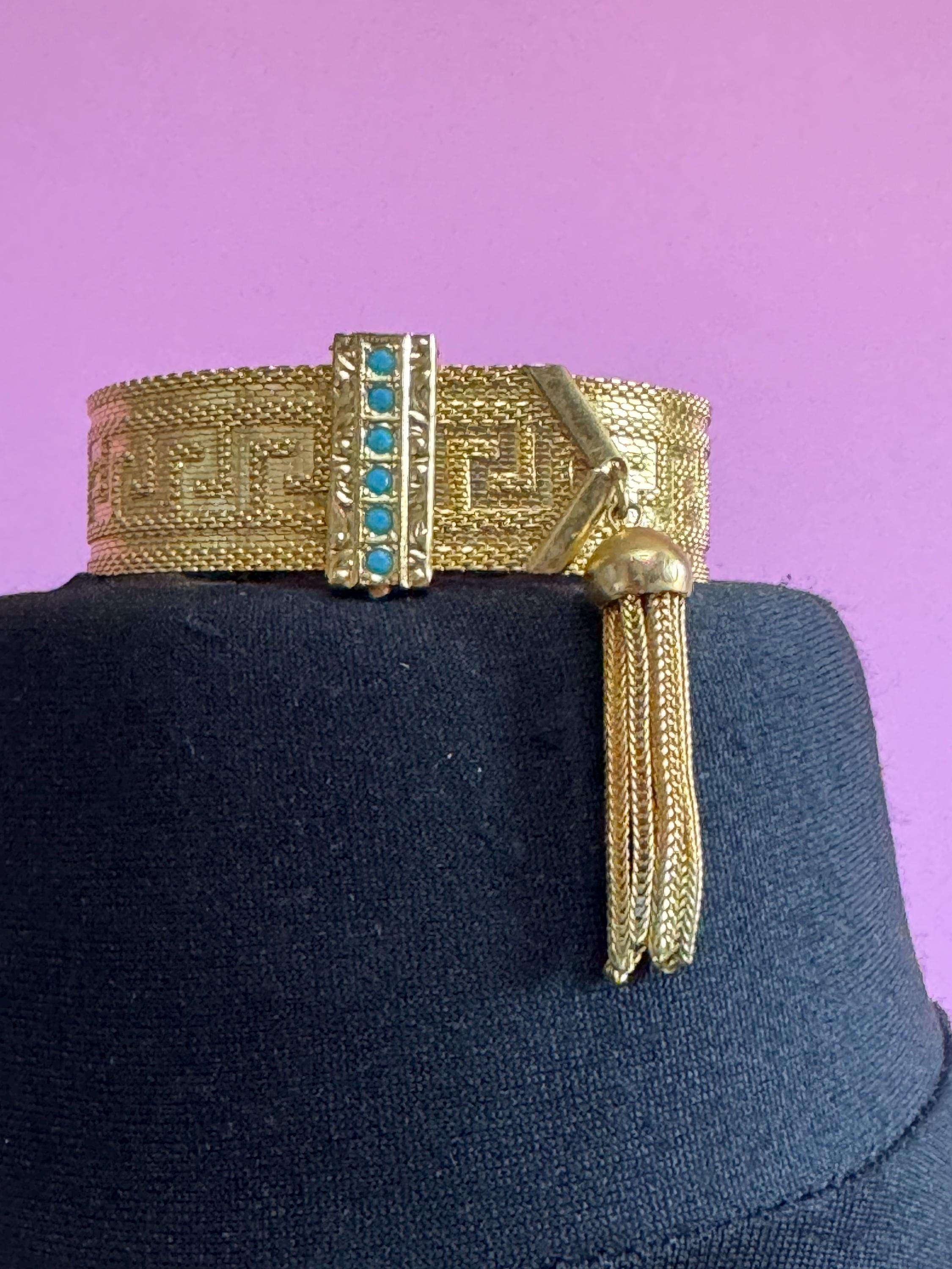 GREEK KEY gold mesh tassel bracelet, turquoise blue cabochons vintage 1970s