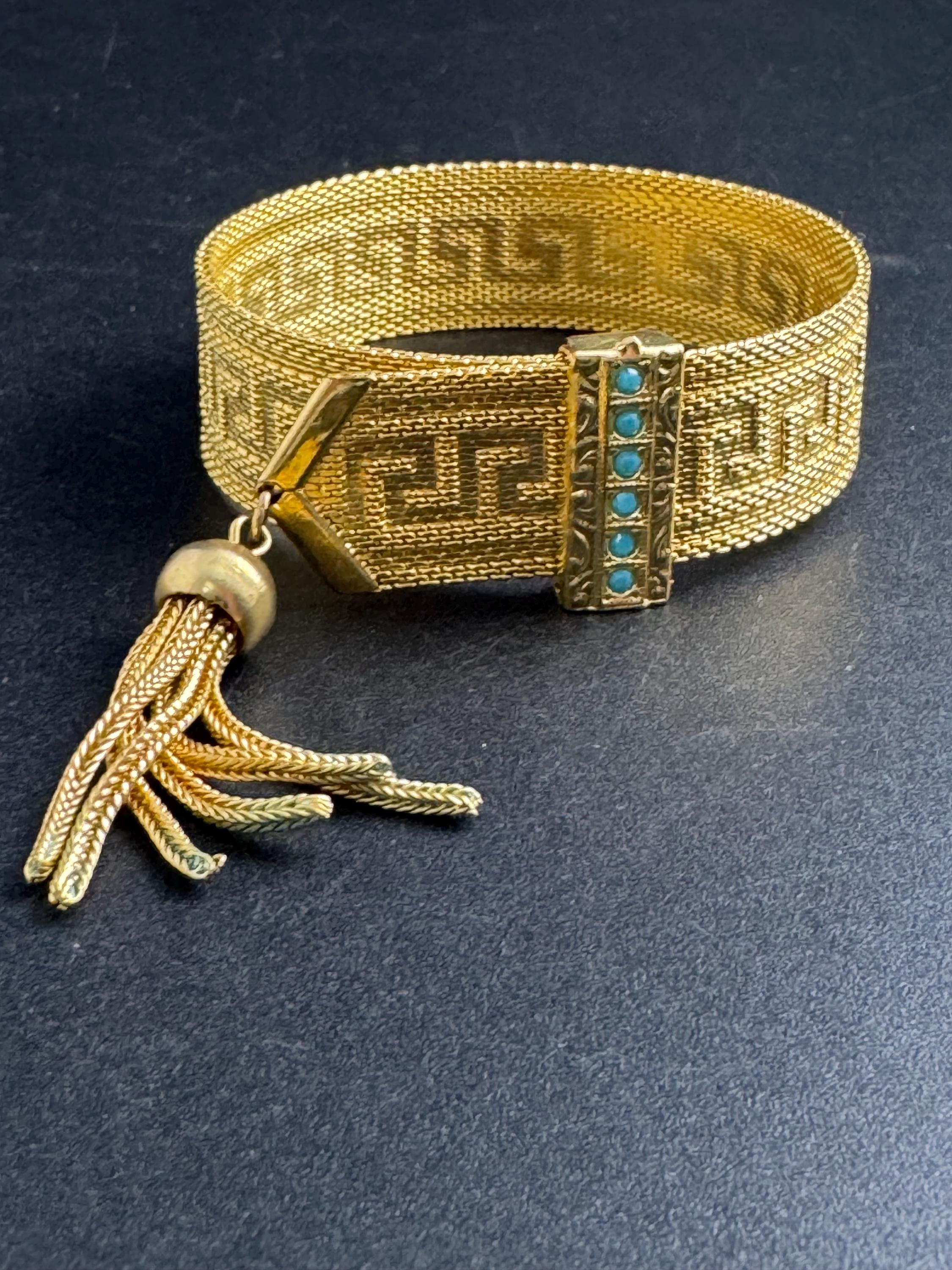 GREEK KEY gold mesh tassel bracelet, turquoise blue cabochons vintage 1970s