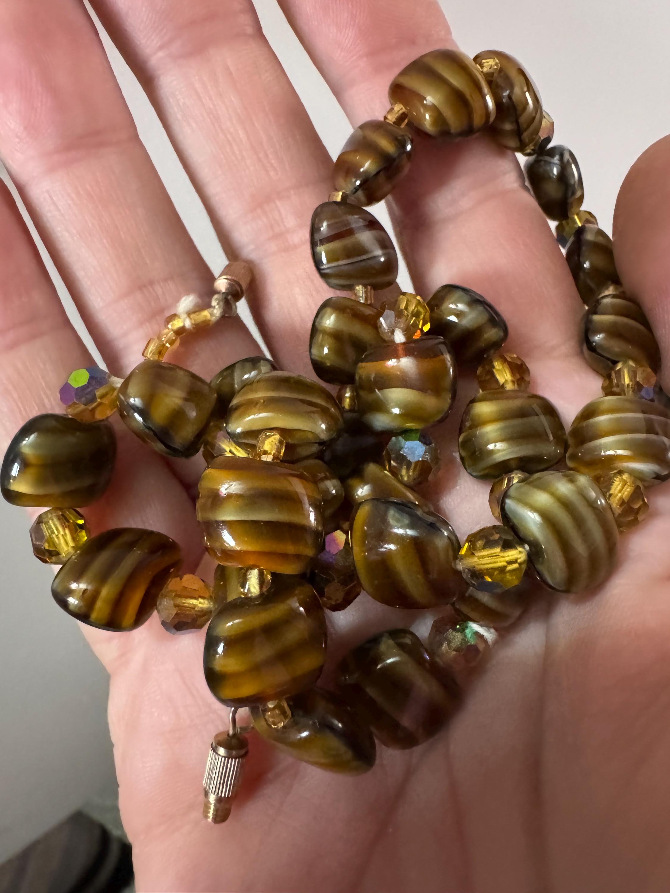 1950s brown marbled glass bead necklace, vintage rainbow AB beaded choker