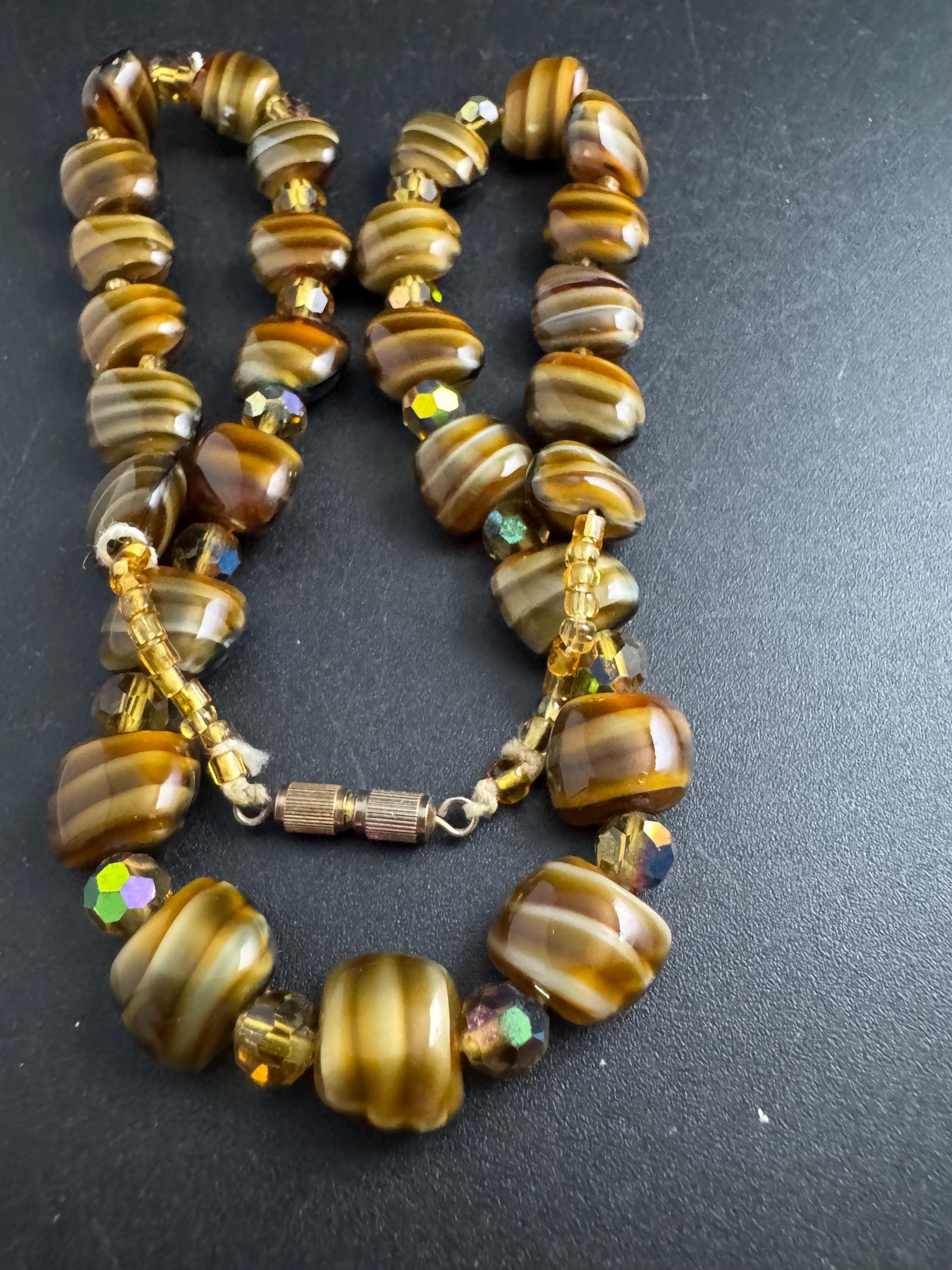 1950s brown marbled glass bead necklace, vintage rainbow AB beaded choker