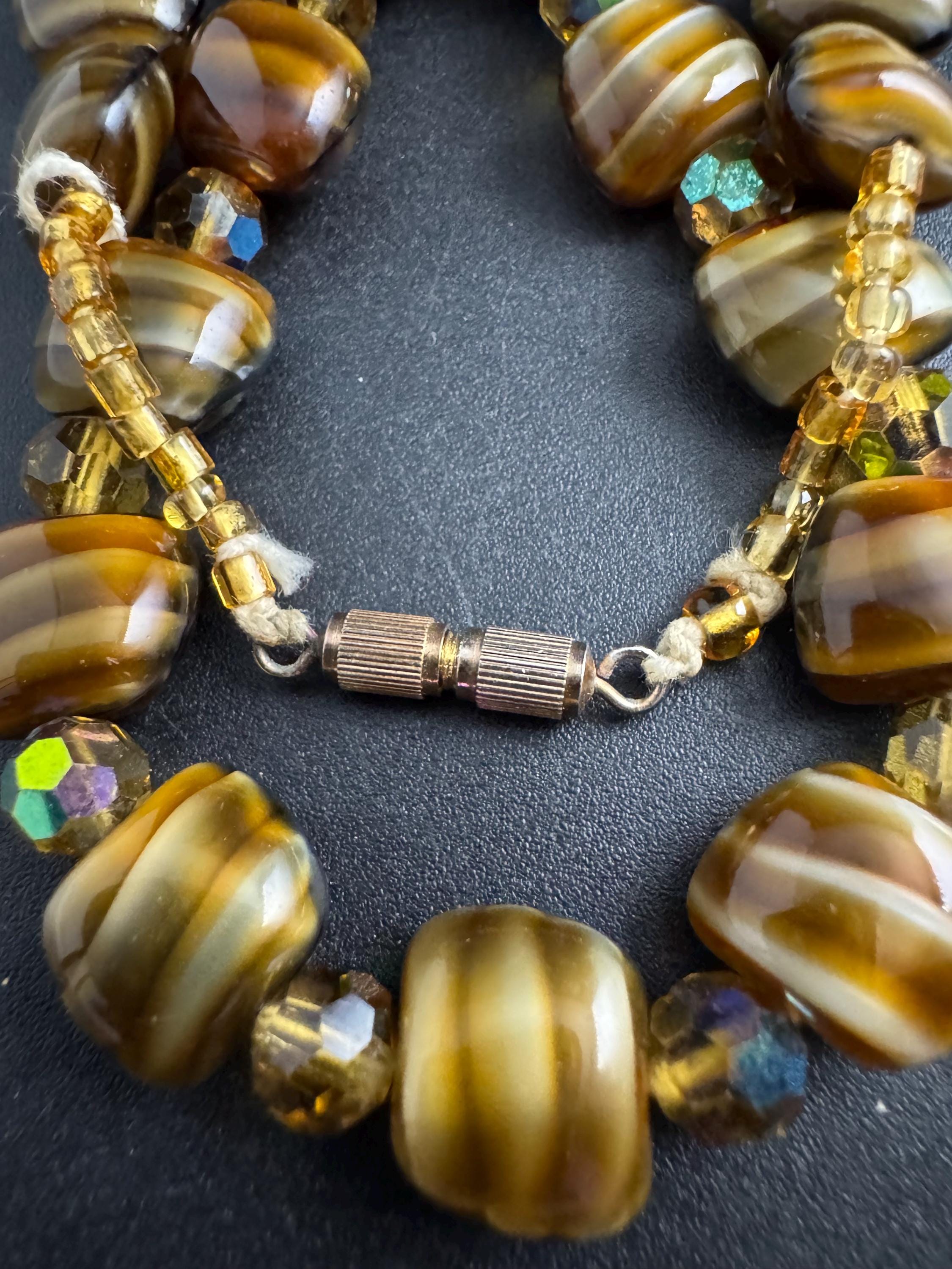 1950s brown marbled glass bead necklace, vintage rainbow AB beaded choker