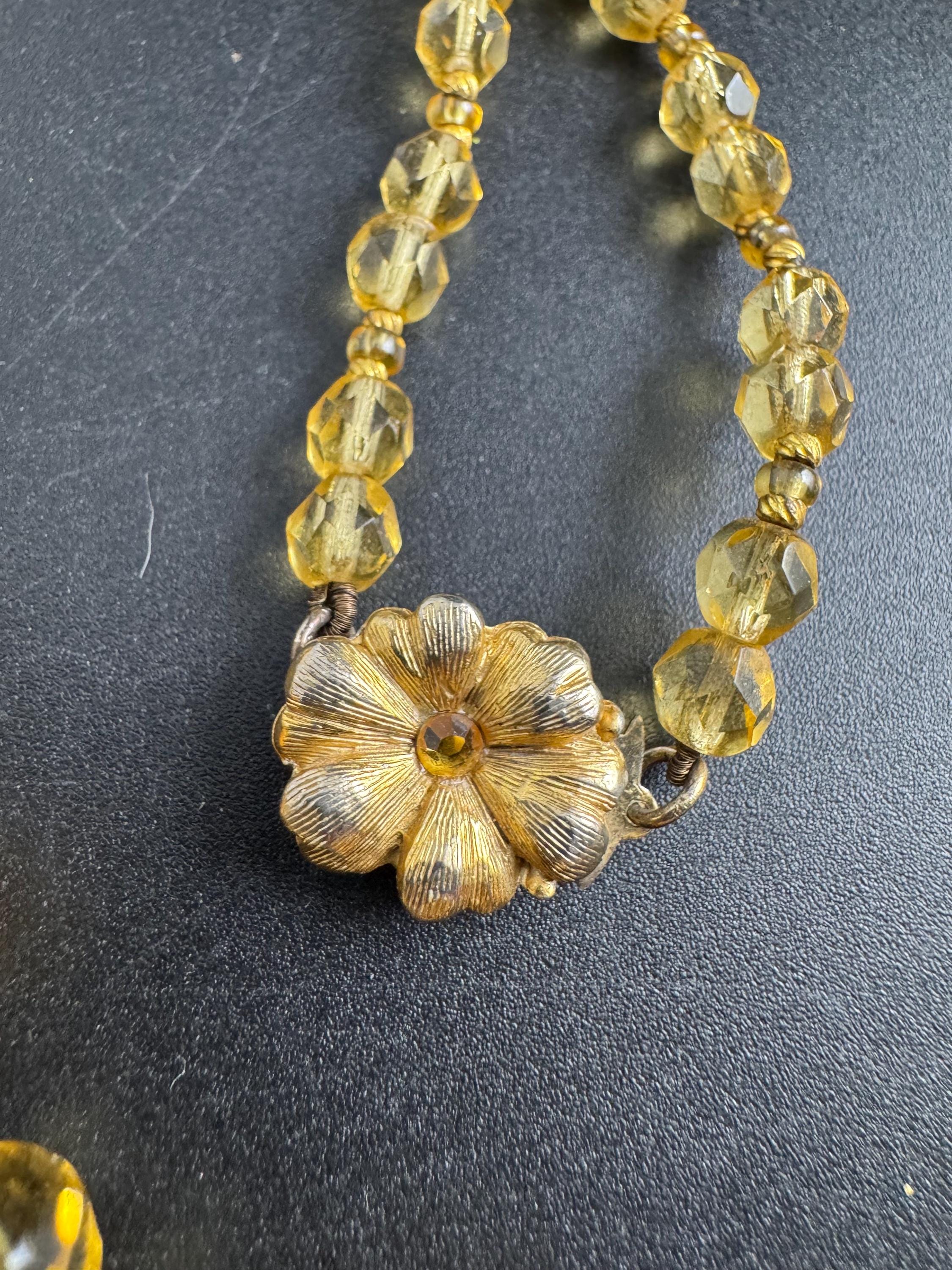 1950s Orange marbled glass beaded necklace, vintage yellow citrine faceted beads