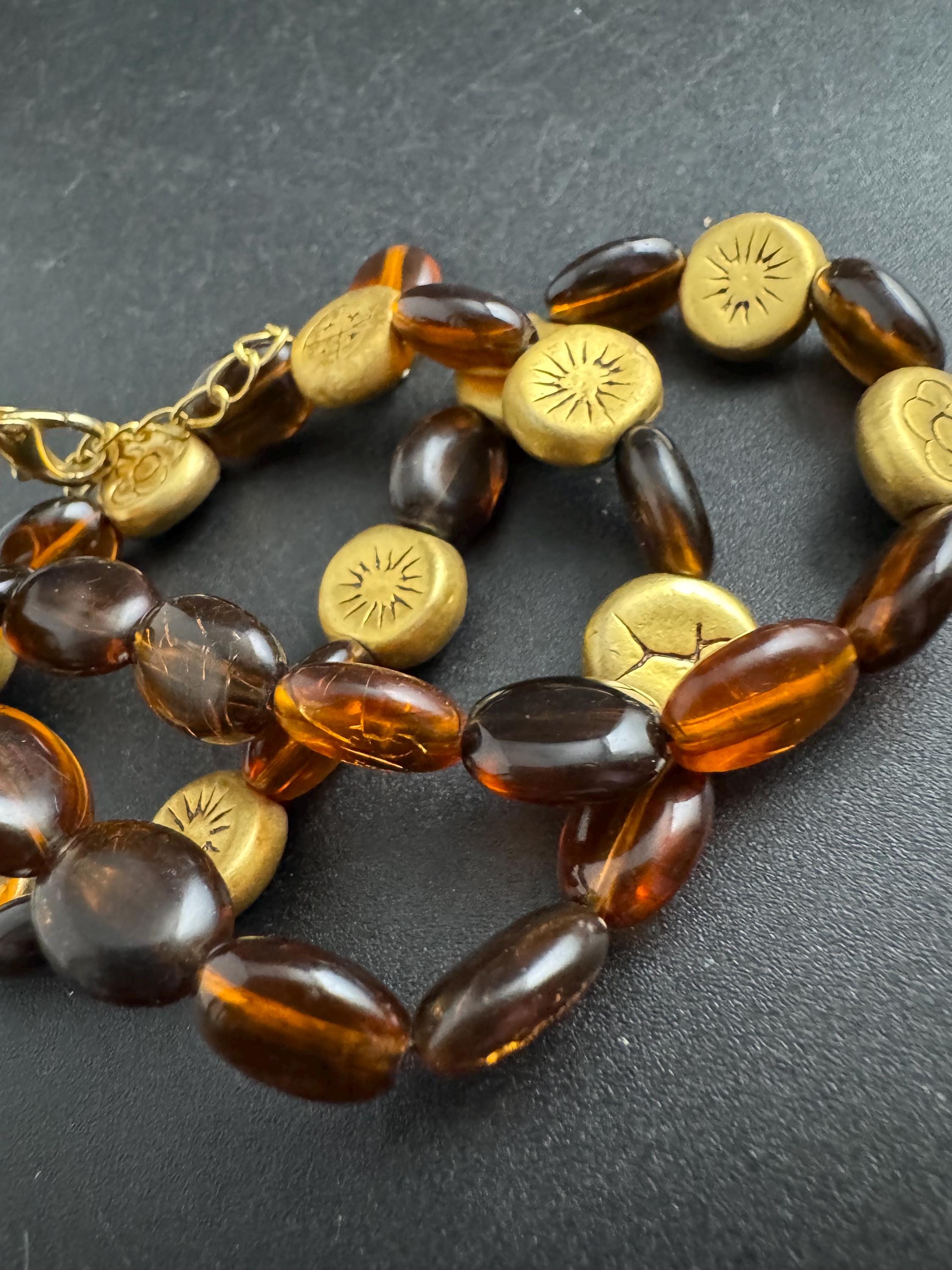 Gold charm bead brown glass necklace, retro beads