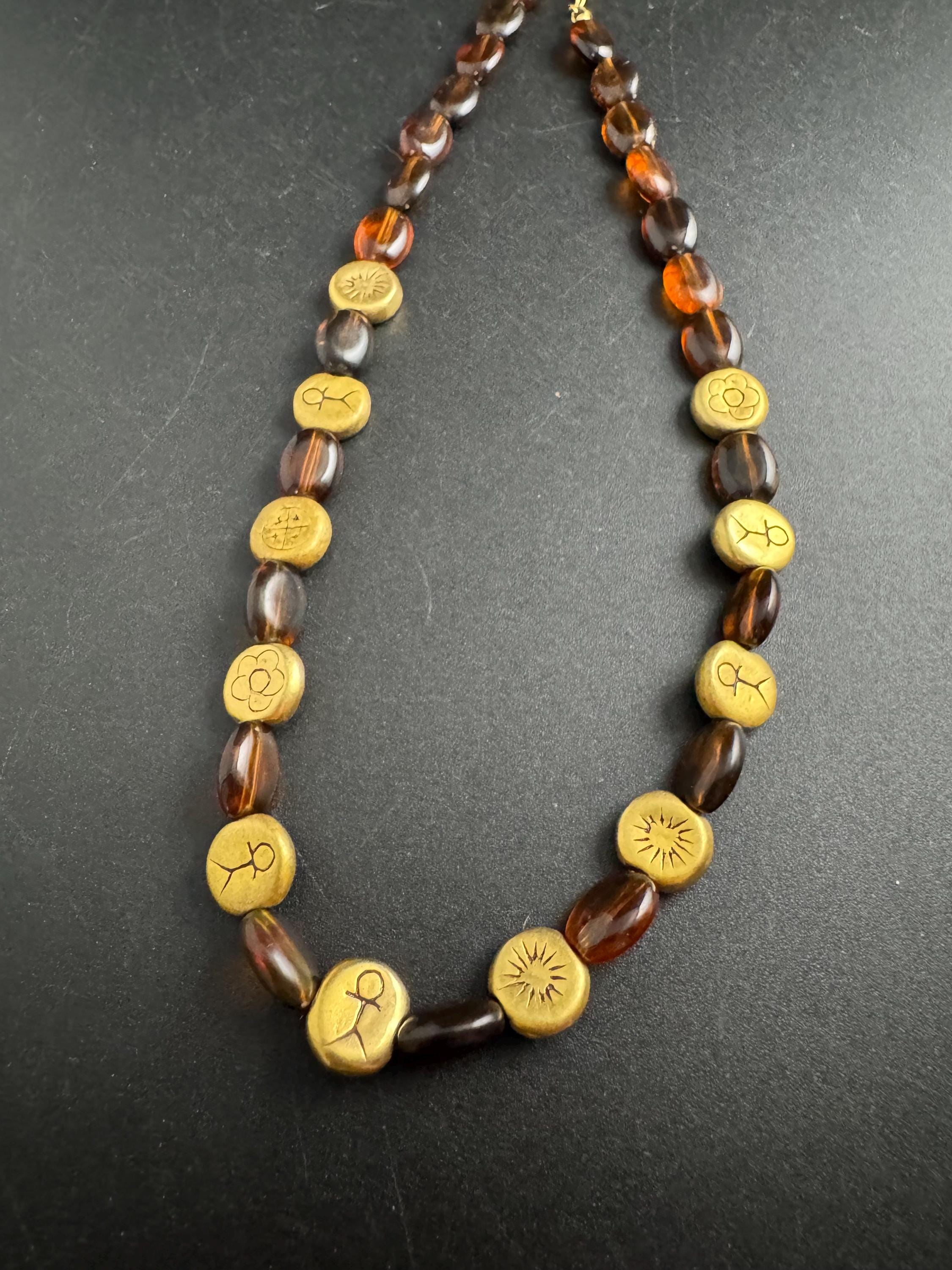 Gold charm bead brown glass necklace, retro beads