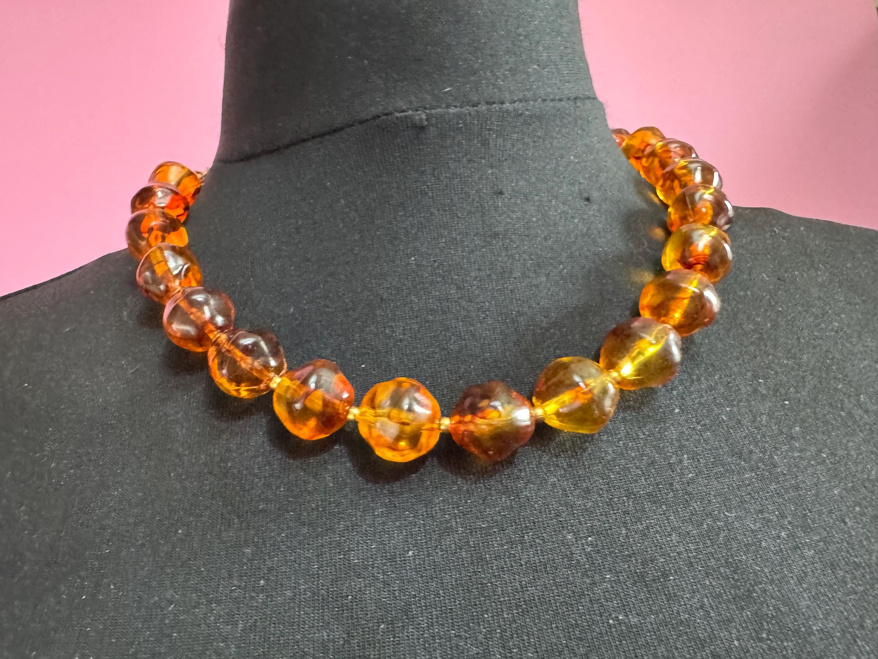 Faux Amber orange brown beaded necklace, chunky plastic beads