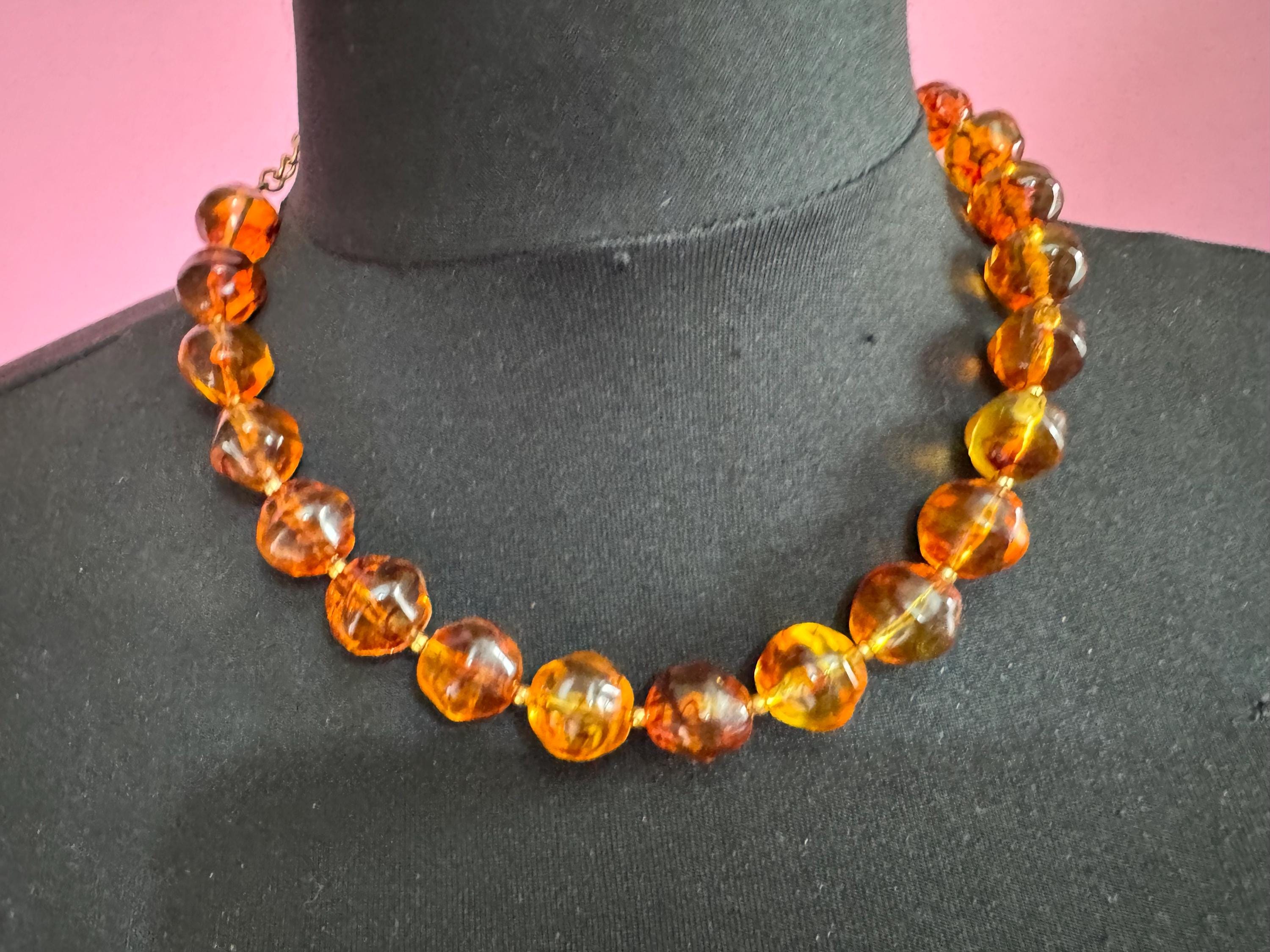 Faux Amber orange brown beaded necklace, chunky plastic beads