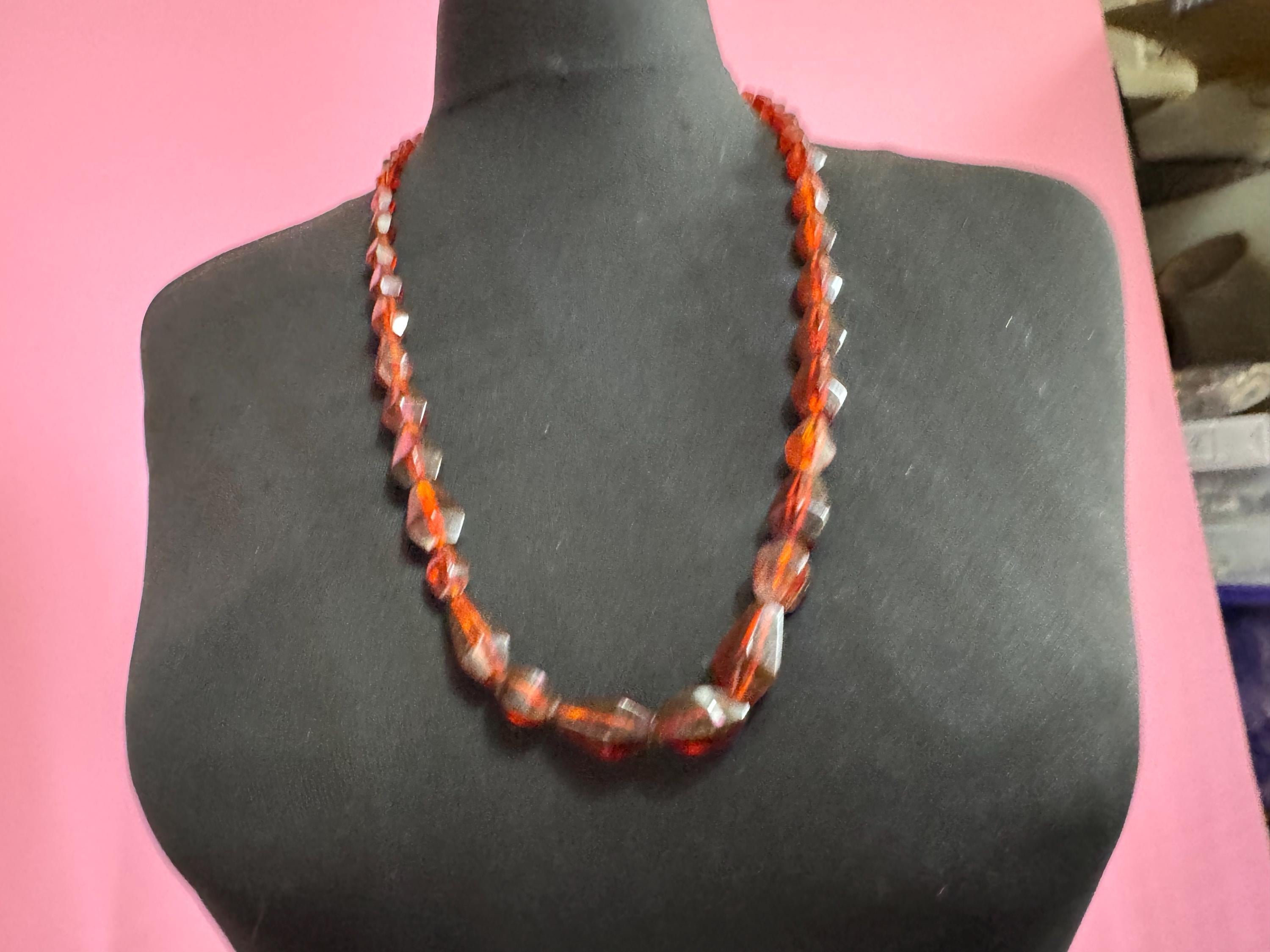 Long Faux Amber orange brown beaded necklace, plastic beads