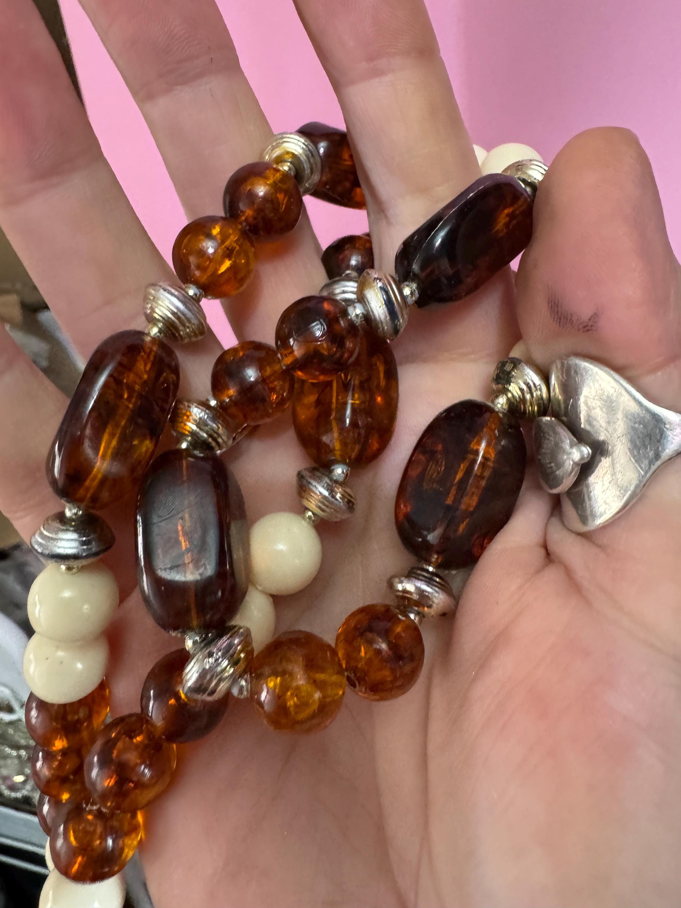 Faux tortoiseshell brown cream necklace, plastic beads