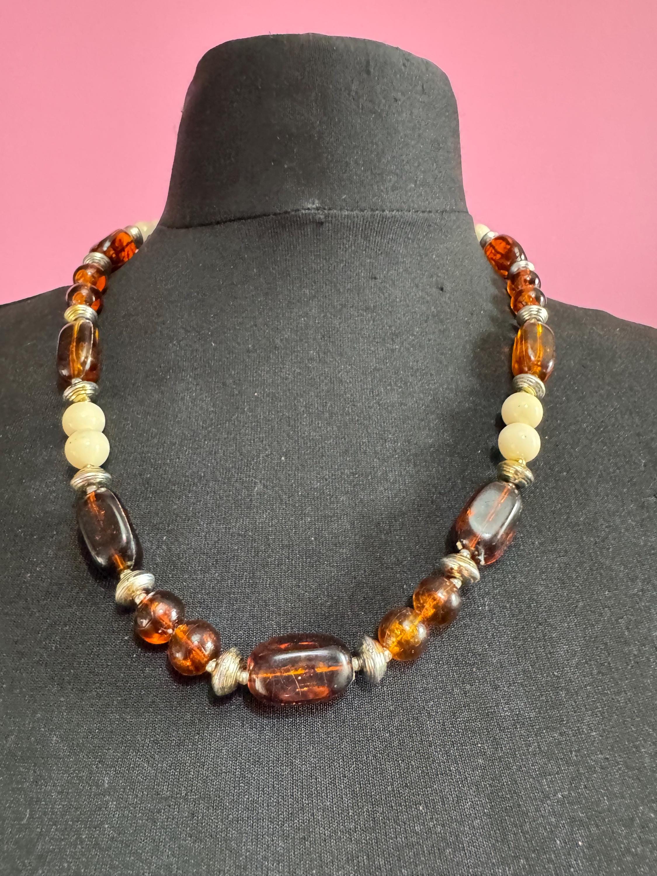 Faux tortoiseshell brown cream necklace, plastic beads