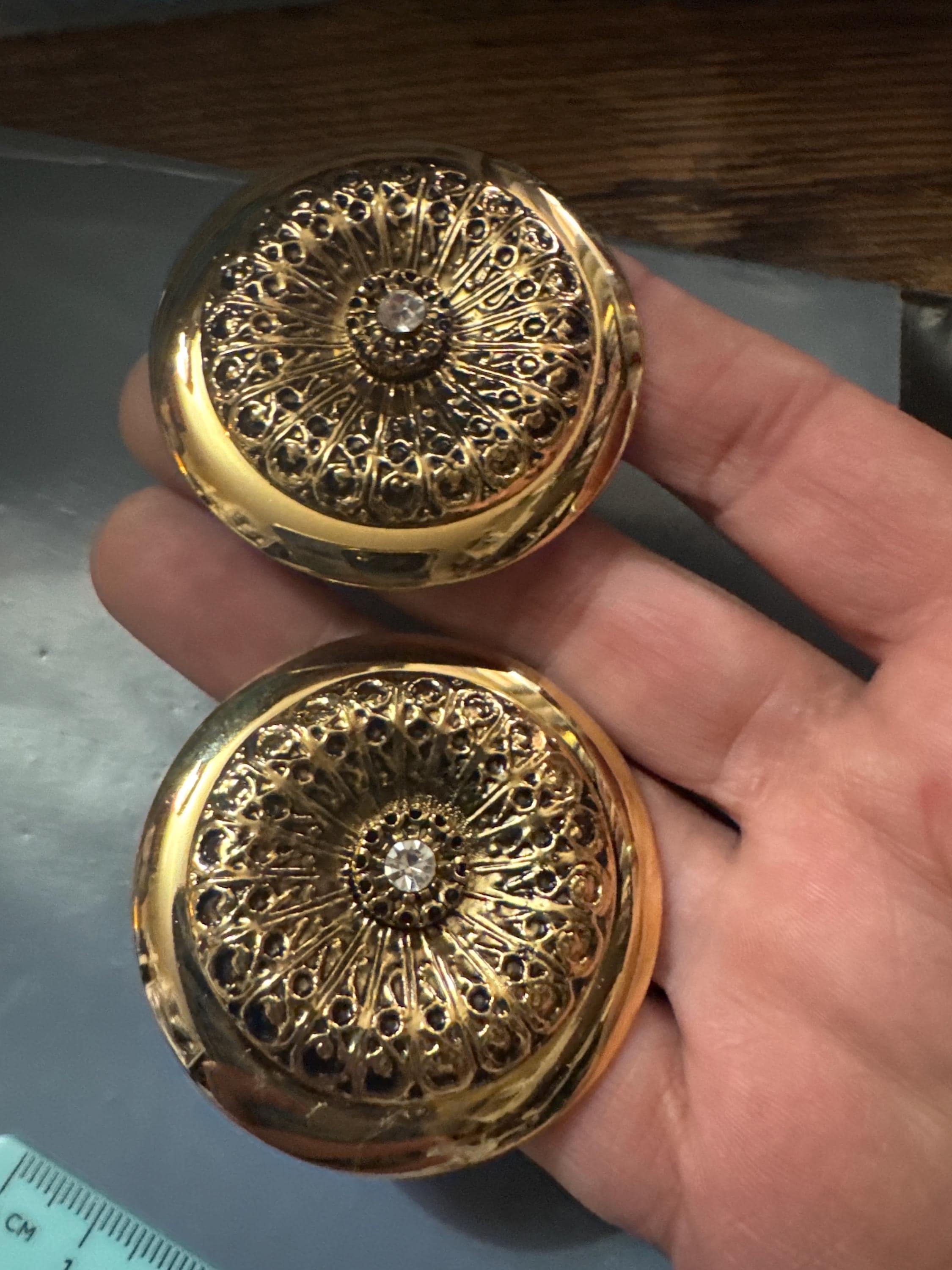 Gold disc clip on earrings, oversized embossed metal 1980s