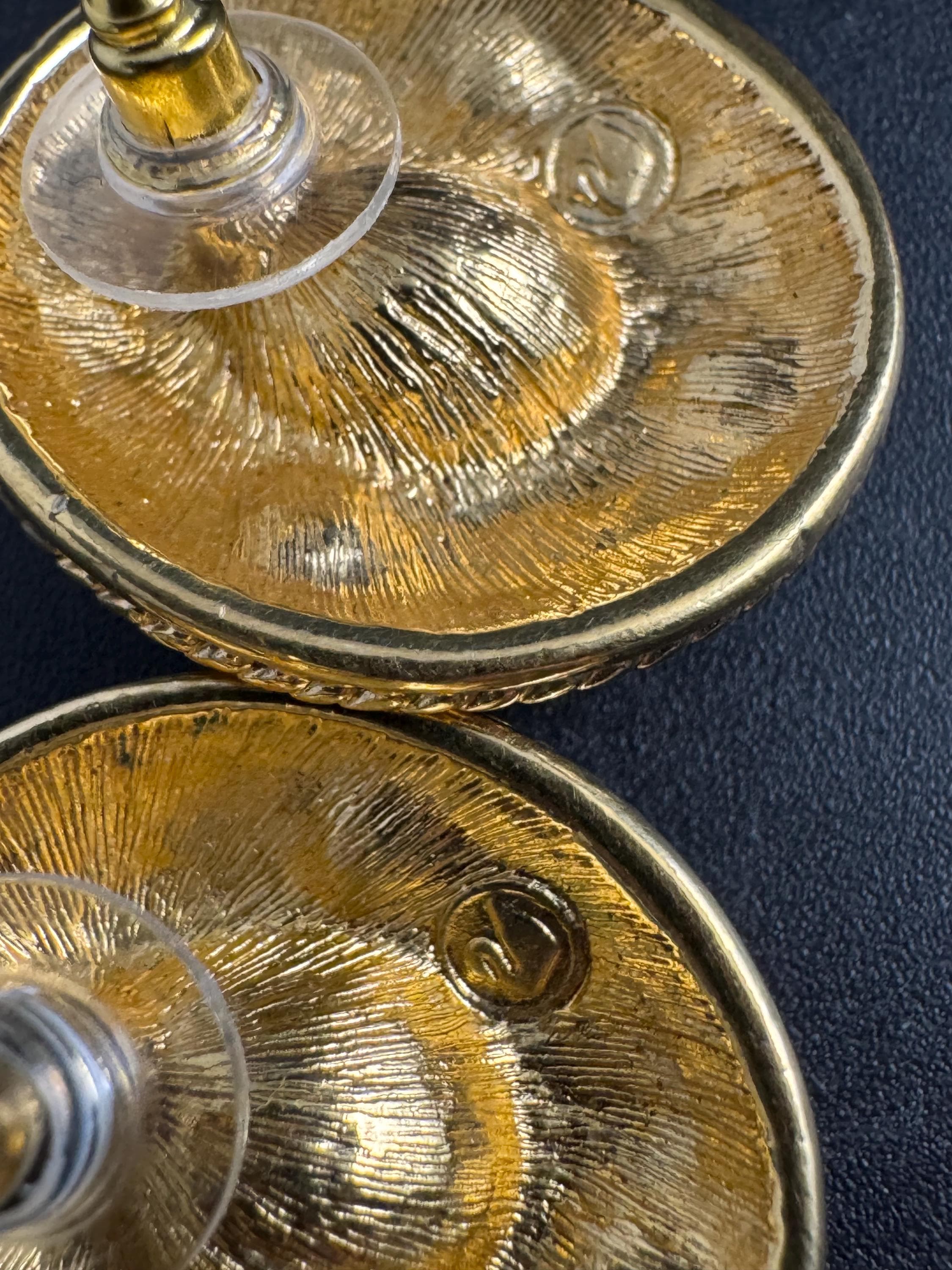 Swarovski emerald Etruscan stud earrings, Signed gold plated crystals