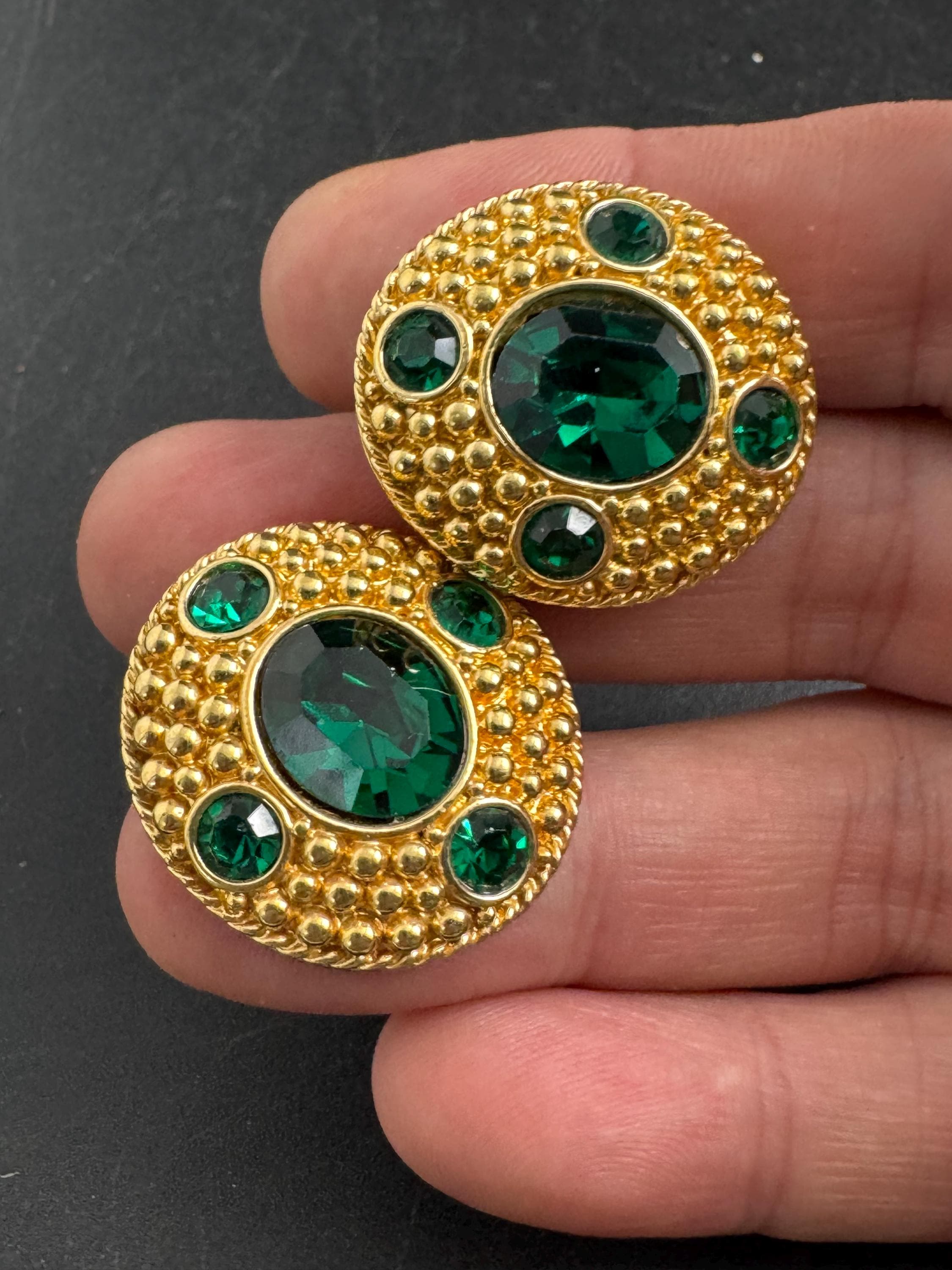 Swarovski emerald Etruscan stud earrings, Signed gold plated crystals