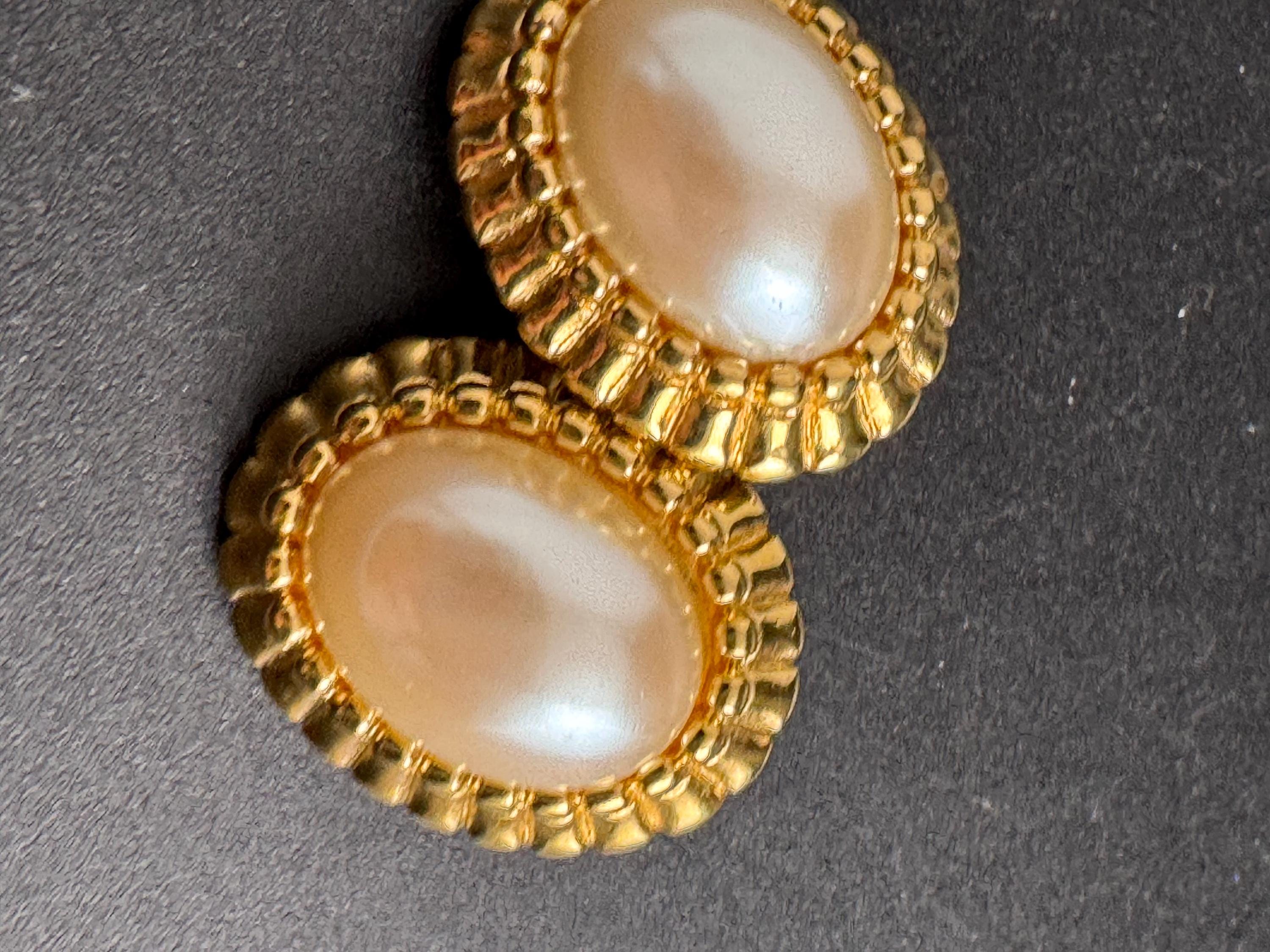 Monet Pearl oval Clip On Earrings: 22ct Gold Plated, signed and vintage