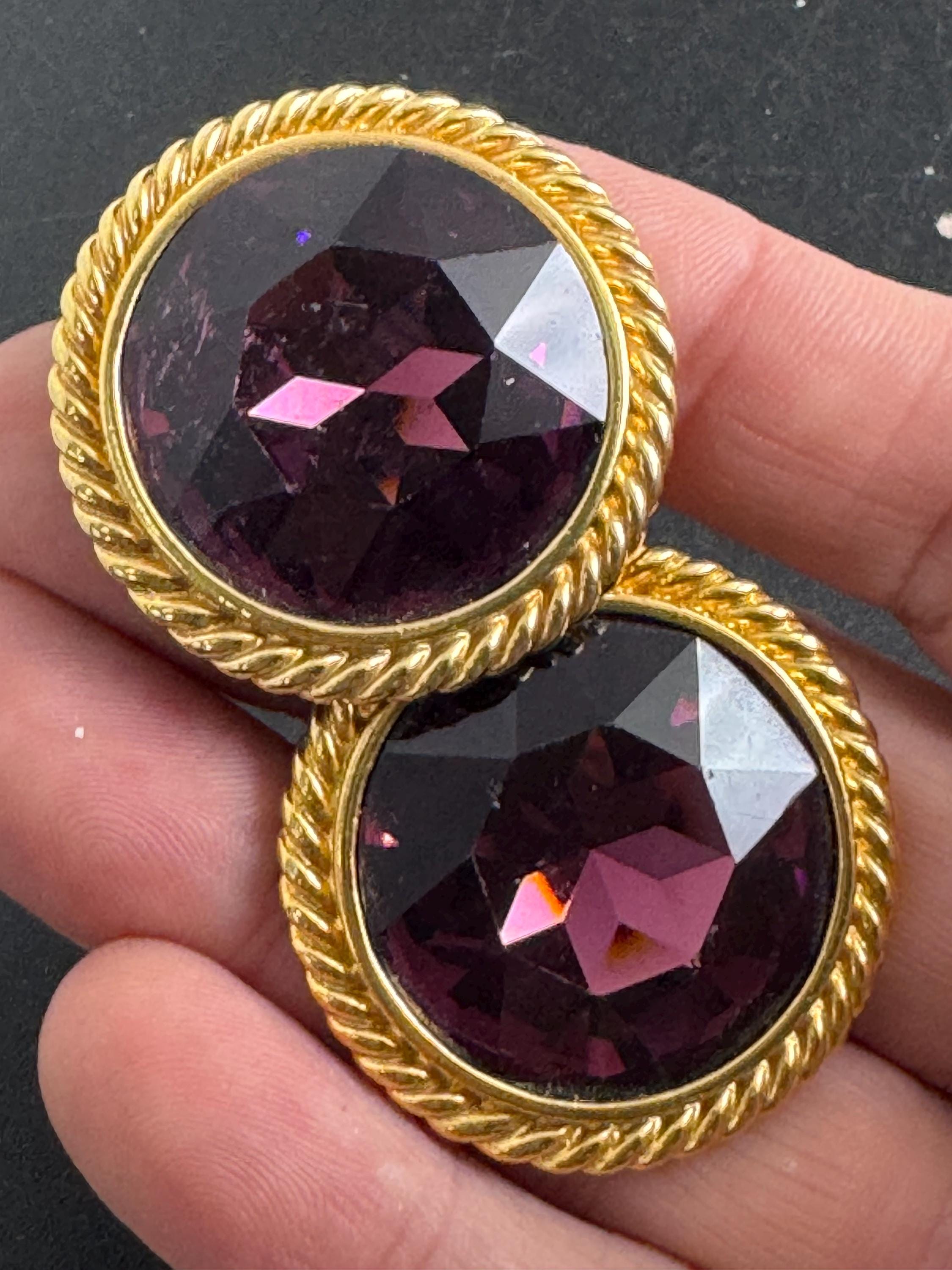 XL NAPIER purple rhinestone clip on earrings, Vintage rope edge 3.5cm