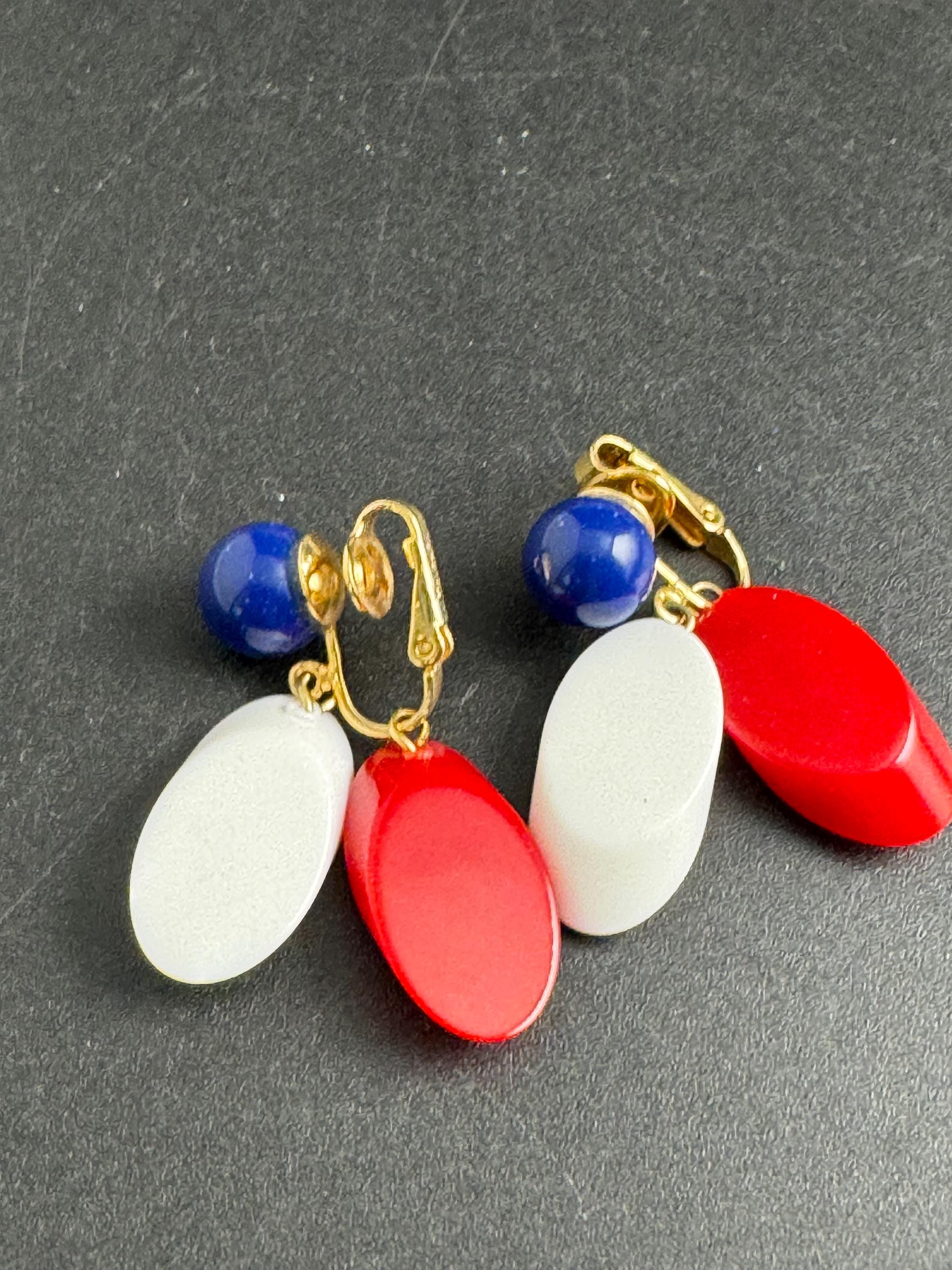 Vintage Trifari plastic clip on earrings, red white and blue dangly USA signed