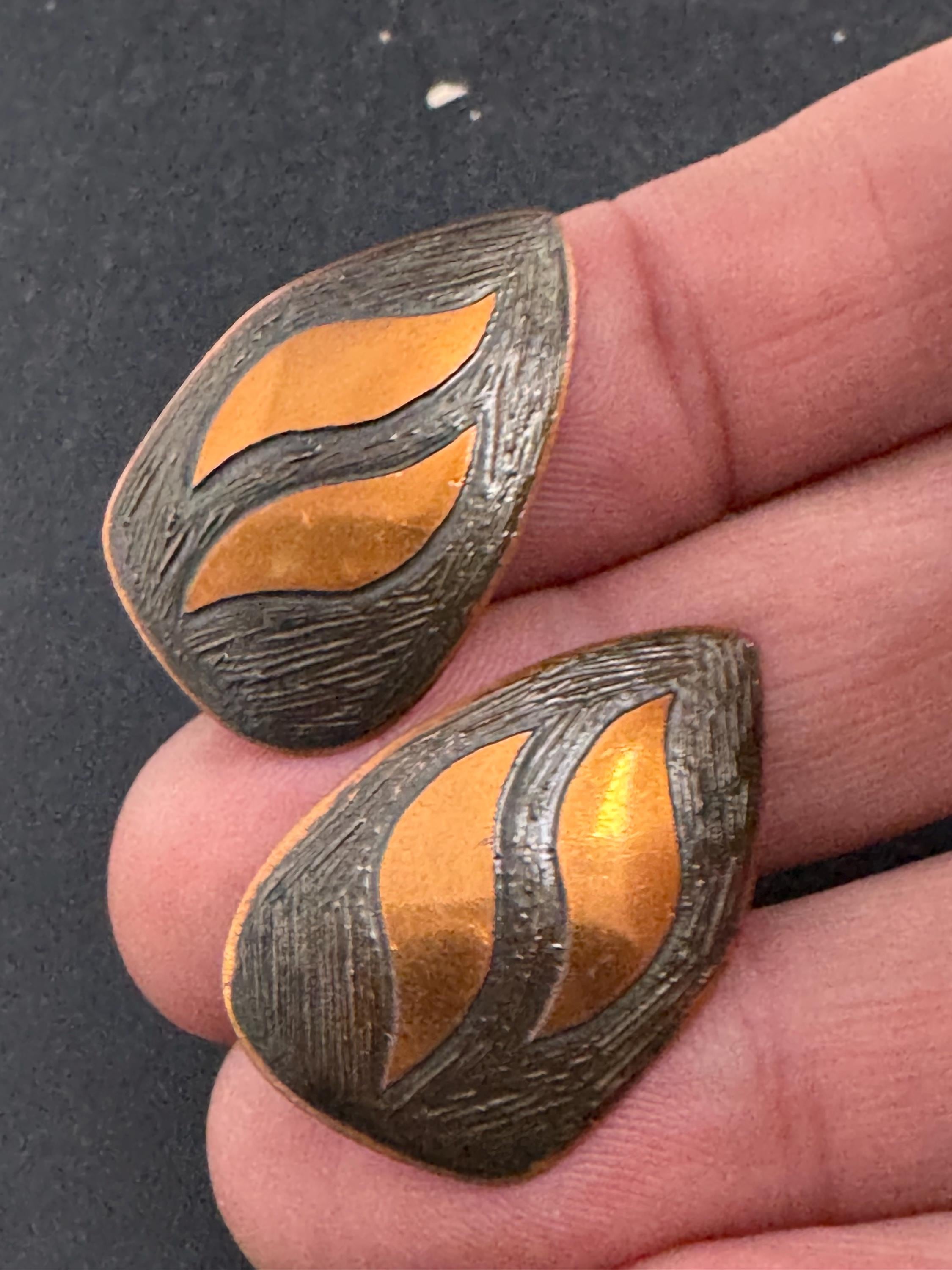 Moda copper clip on earrings, mid century signed from Malta