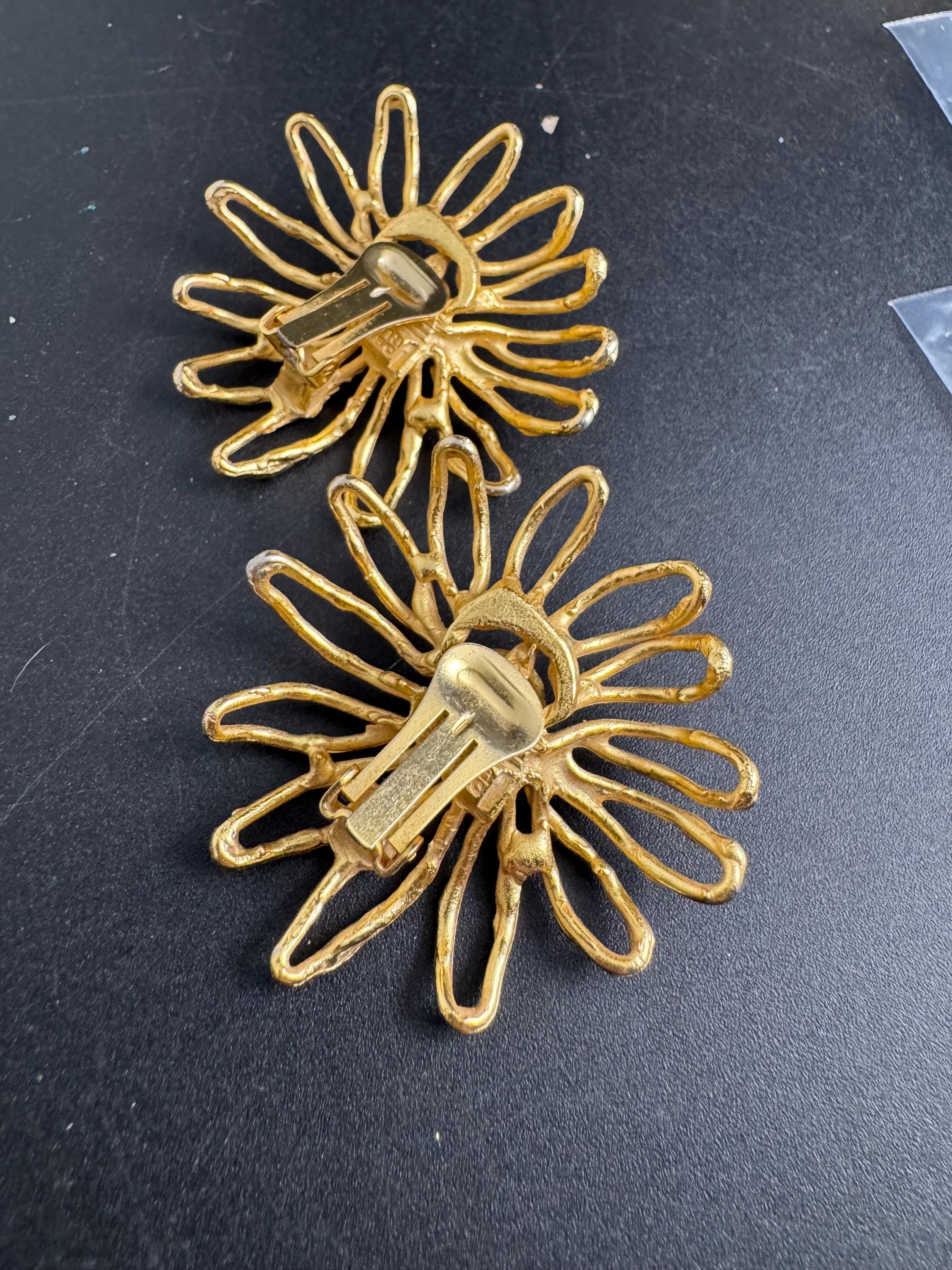 ORENA Paris gold clip on earrings, oversized big flowers