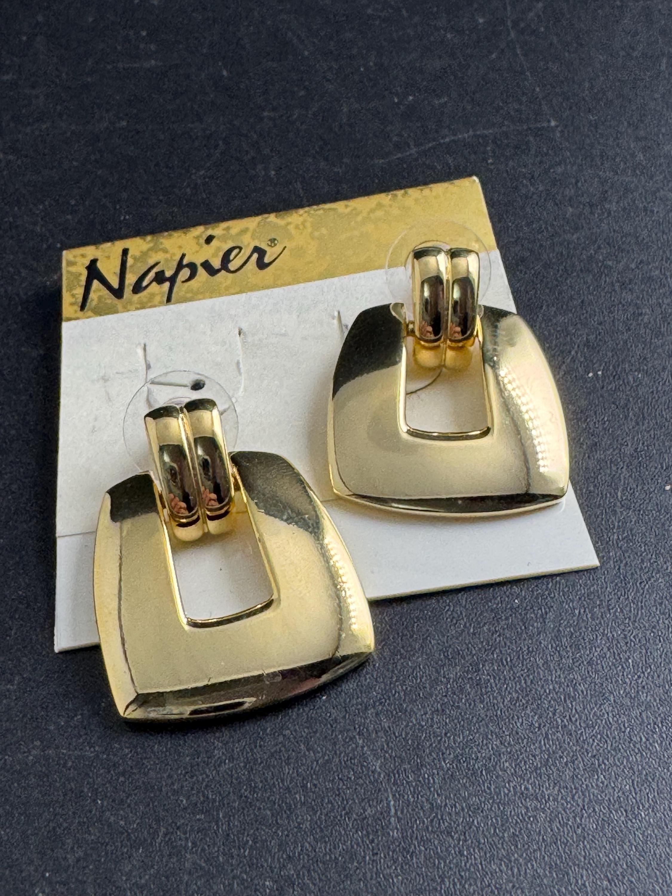 NAPIER door knocker earrings, signed vintage and heavy gold plated for pierced ears, designer