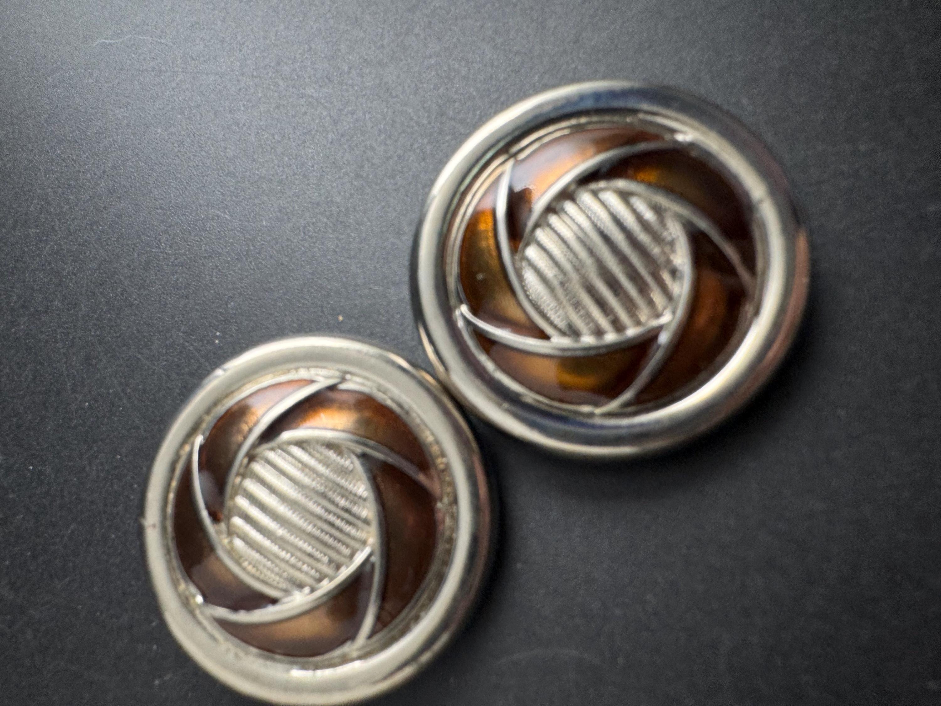 French Brown Enamel Clip On Earrings, silver tone 1960s Vintage
