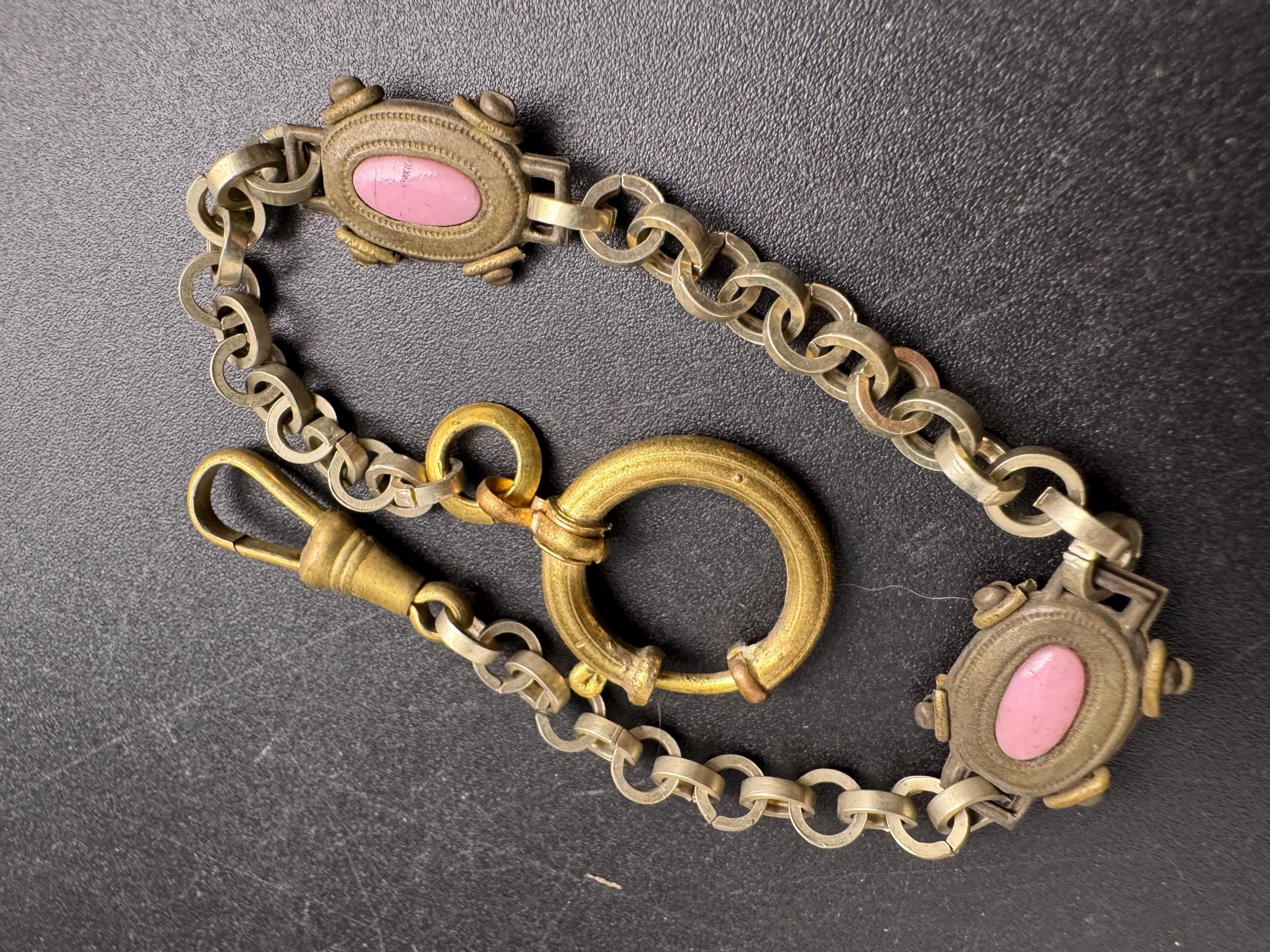 Antique Jakob Bengel Albertina Pocket Watch Chain: Brass & Pink Glass, Art Deco