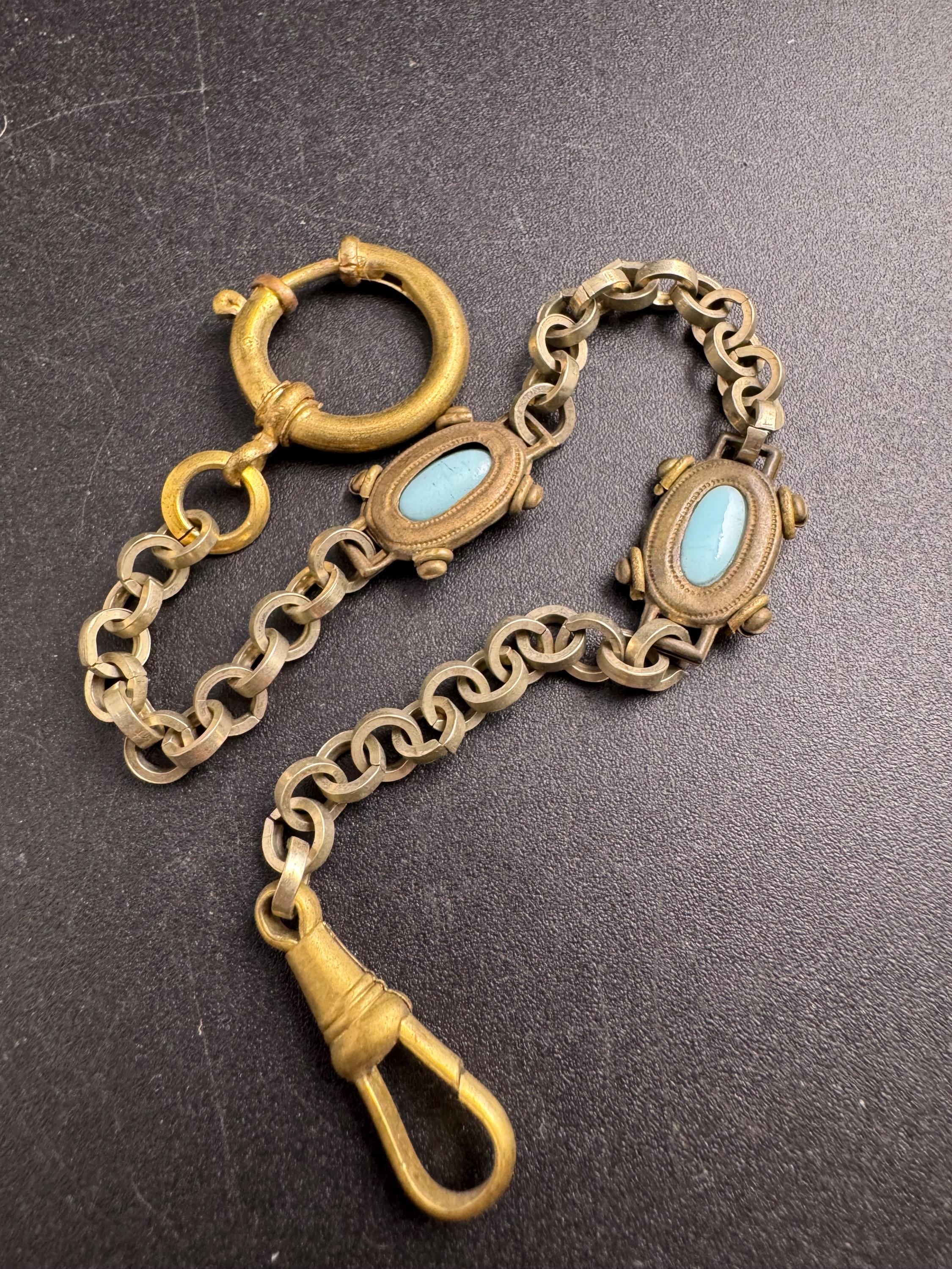 Antique Jakob Bengel Pocket Watch Chain: Art Deco Brass Albertina with Blue Cabochons