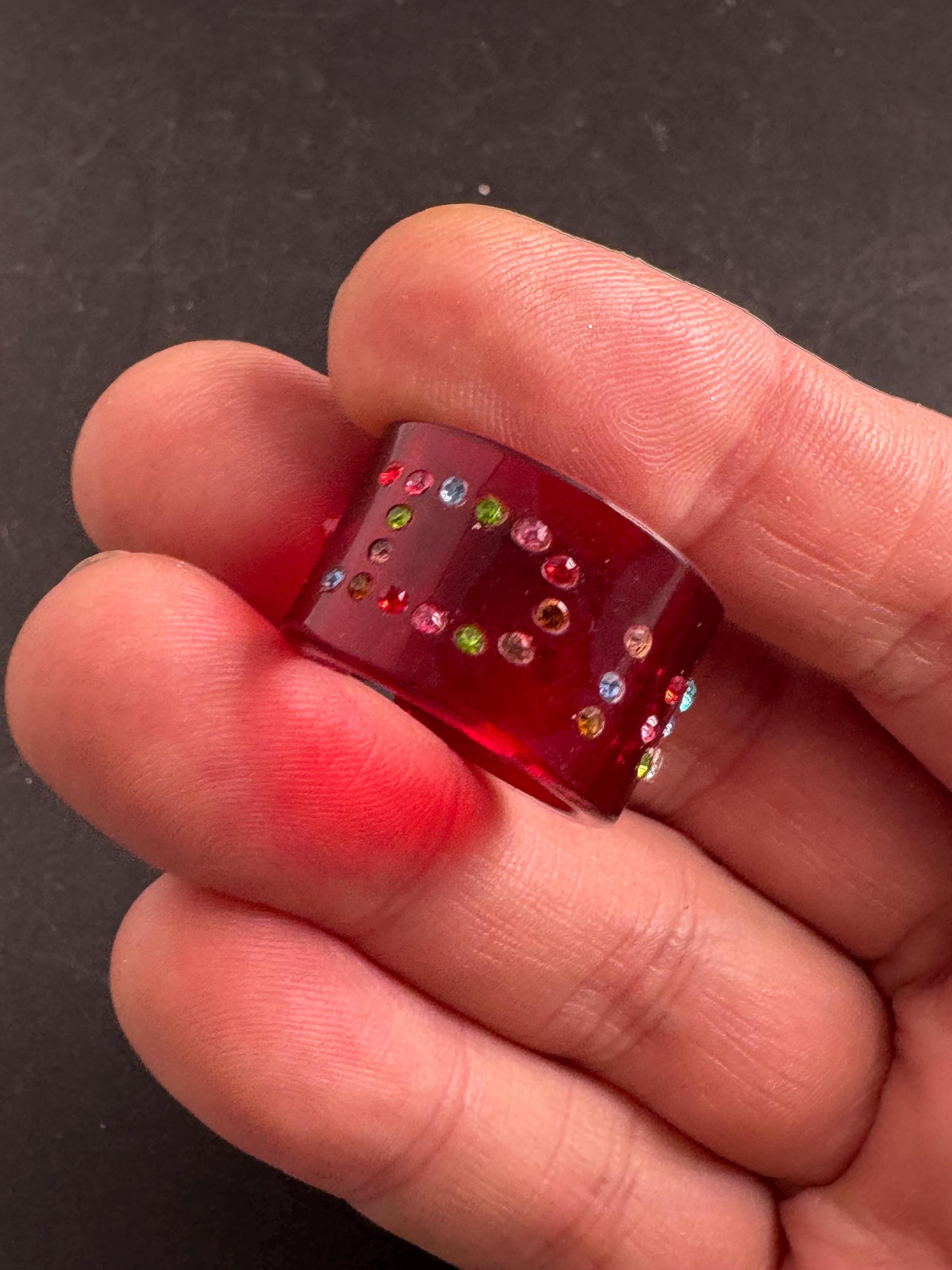 Christian Dior red acrylic dress ring , designer rhinestone jewellery